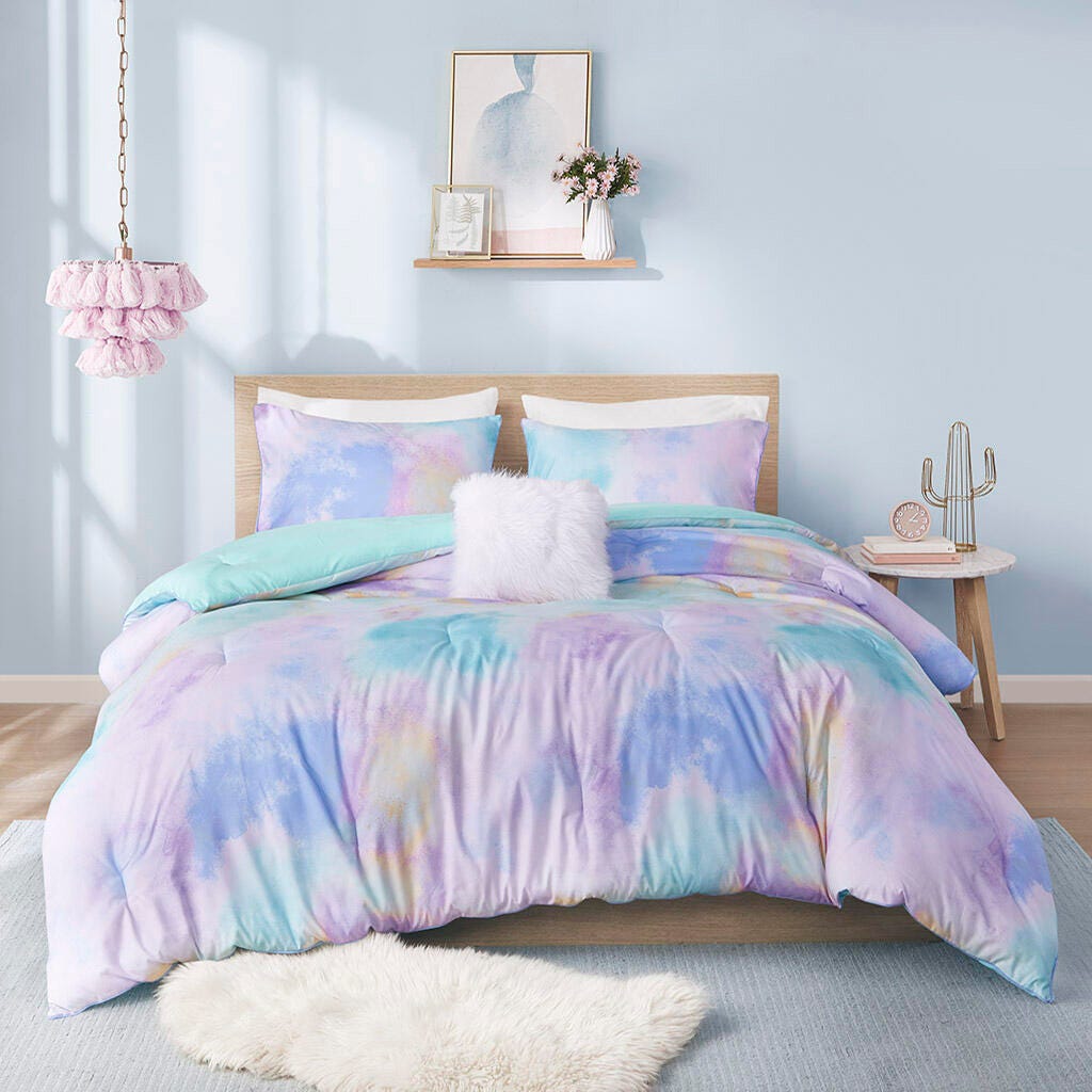 Intelligent Design Dye Printed King/California King Comforter Set with Throw Pillow, Aqua, large