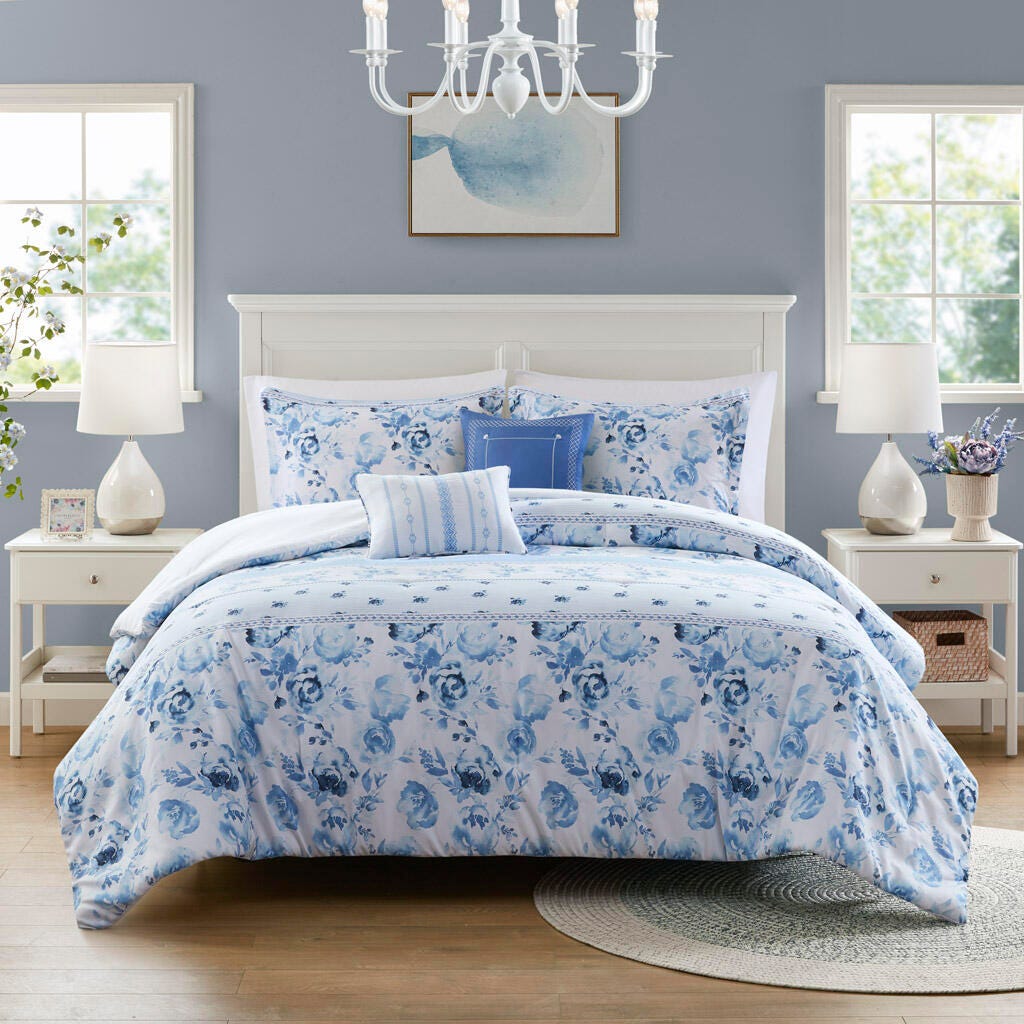 Intelligent Design Floral Striped Full/Queen Comforter Set, Blue, large