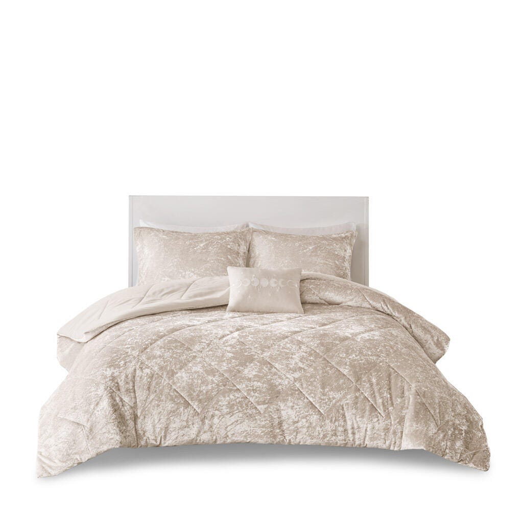 Intelligent Design Velvet Twin/Twin XL Comforter Set with Throw Pillow, Champagne, large