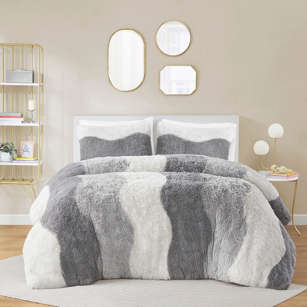 Intelligent Design Shaggy Faux Fur Full/Queen Comforter Set, Gray, large