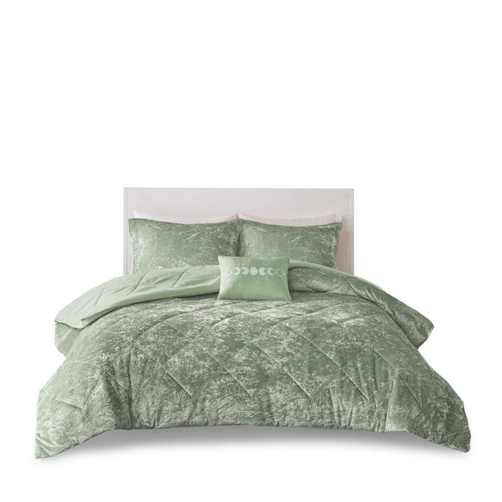 Intelligent Design Velvet Full/Queen Comforter Set with Throw Pillow, Green, rollover