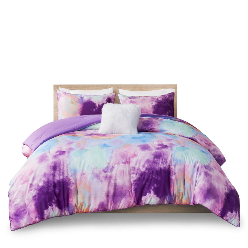 Intelligent Design Dye Printed Full/Queen Comforter Set with Throw Pillow, Lavender, rollover