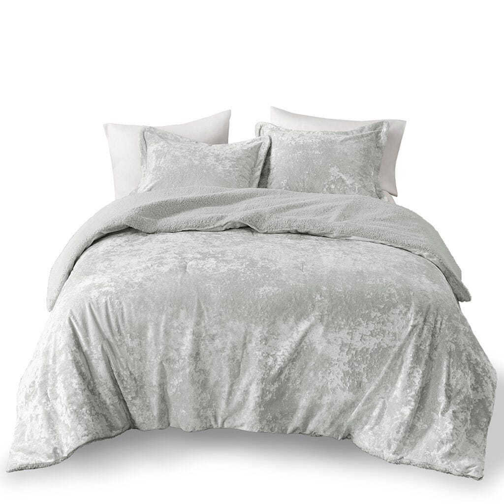 Intelligent Design Crushed Velvet Sherpa Reversible King/California King Comforter Set, Silver, rollover