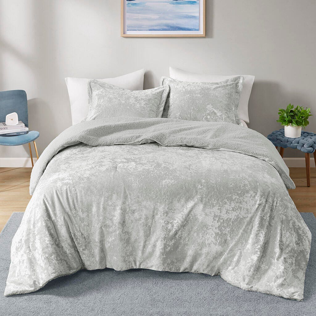 Intelligent Design Crushed Velvet Sherpa Reversible Full/Queen Comforter Set, Silver, large