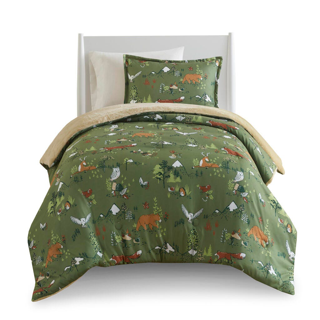 Mi Zone Kids Animals Plush Reversible Twin Comforter Set, Green, rollover