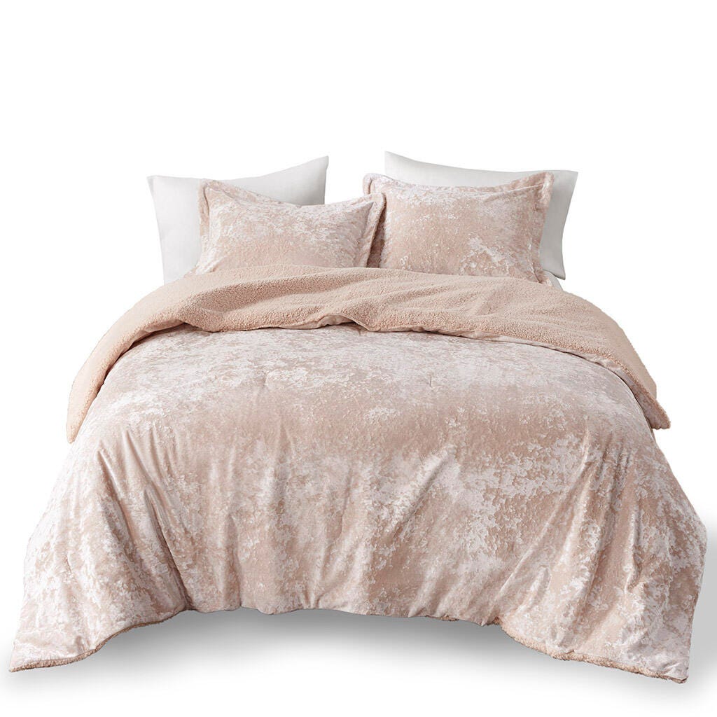Intelligent Design Crushed Velvet Sherpa Reversible Full/Queen Comforter Set, Blush, large