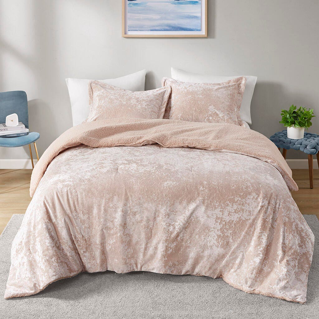 Intelligent Design Crushed Velvet Sherpa Reversible Full/Queen Comforter Set, Blush, large