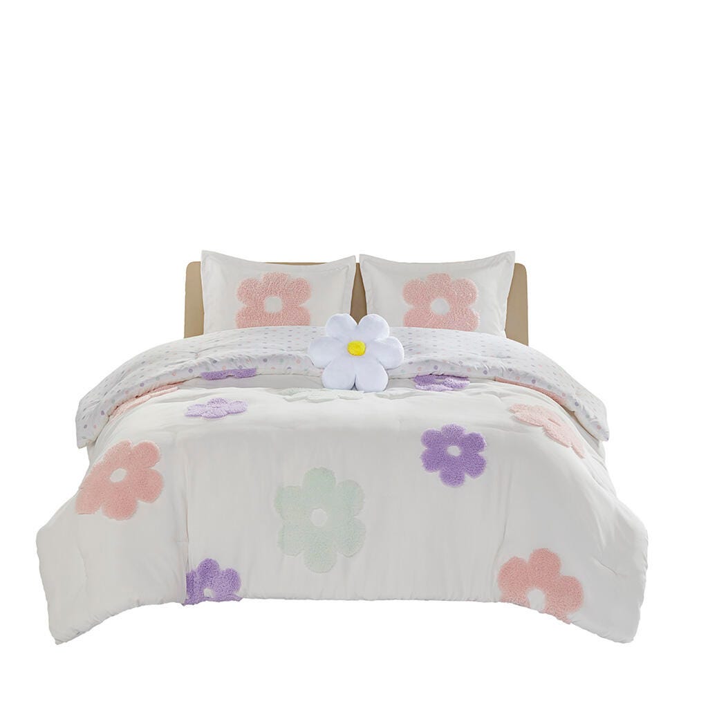 Urban Habitat Kids Chenille Twin Comforter Set with Flower Throw Pillow, White/Purple, rollover