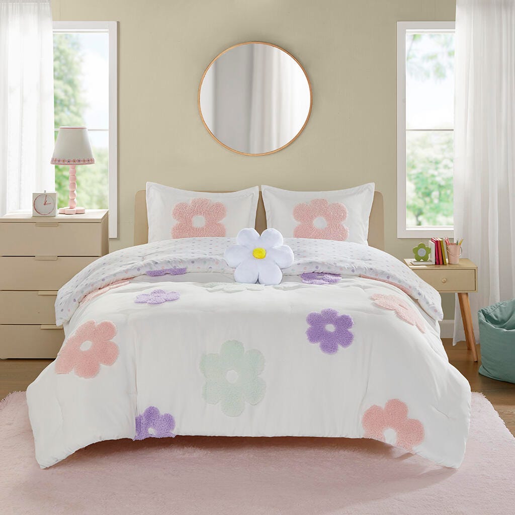 Urban Habitat Kids Chenille Twin Comforter Set with Flower Throw Pillow, White/Purple, large