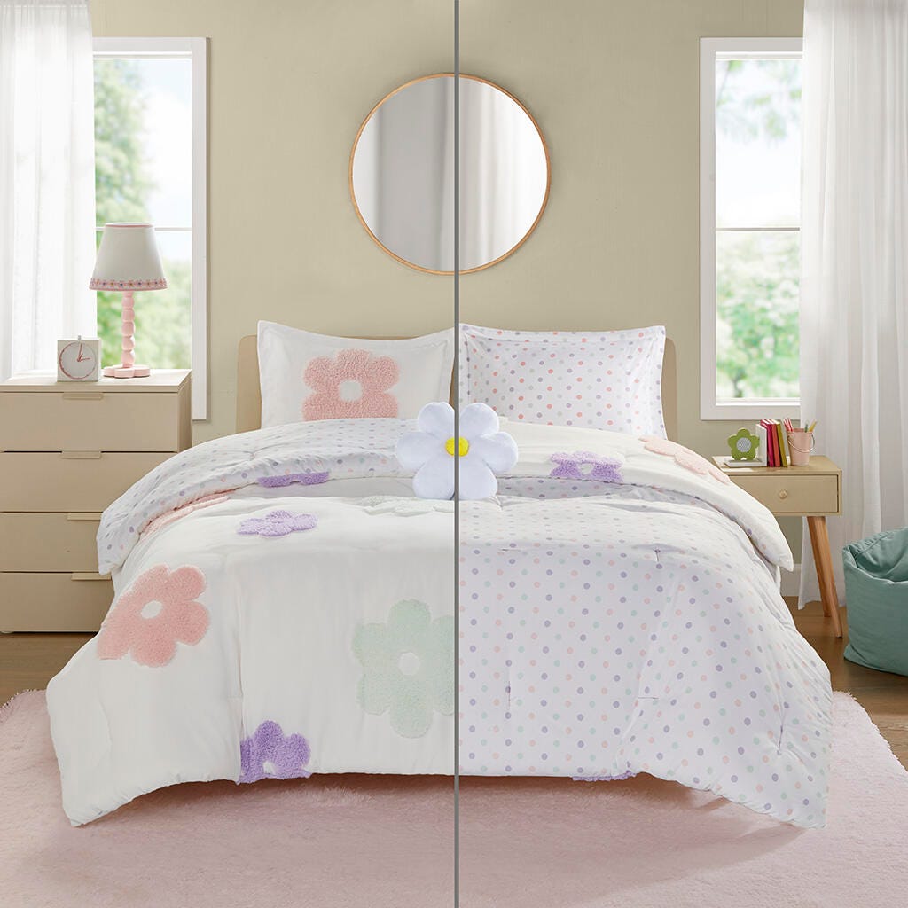 Urban Habitat Kids Chenille Twin Comforter Set with Flower Throw Pillow, White/Purple, large