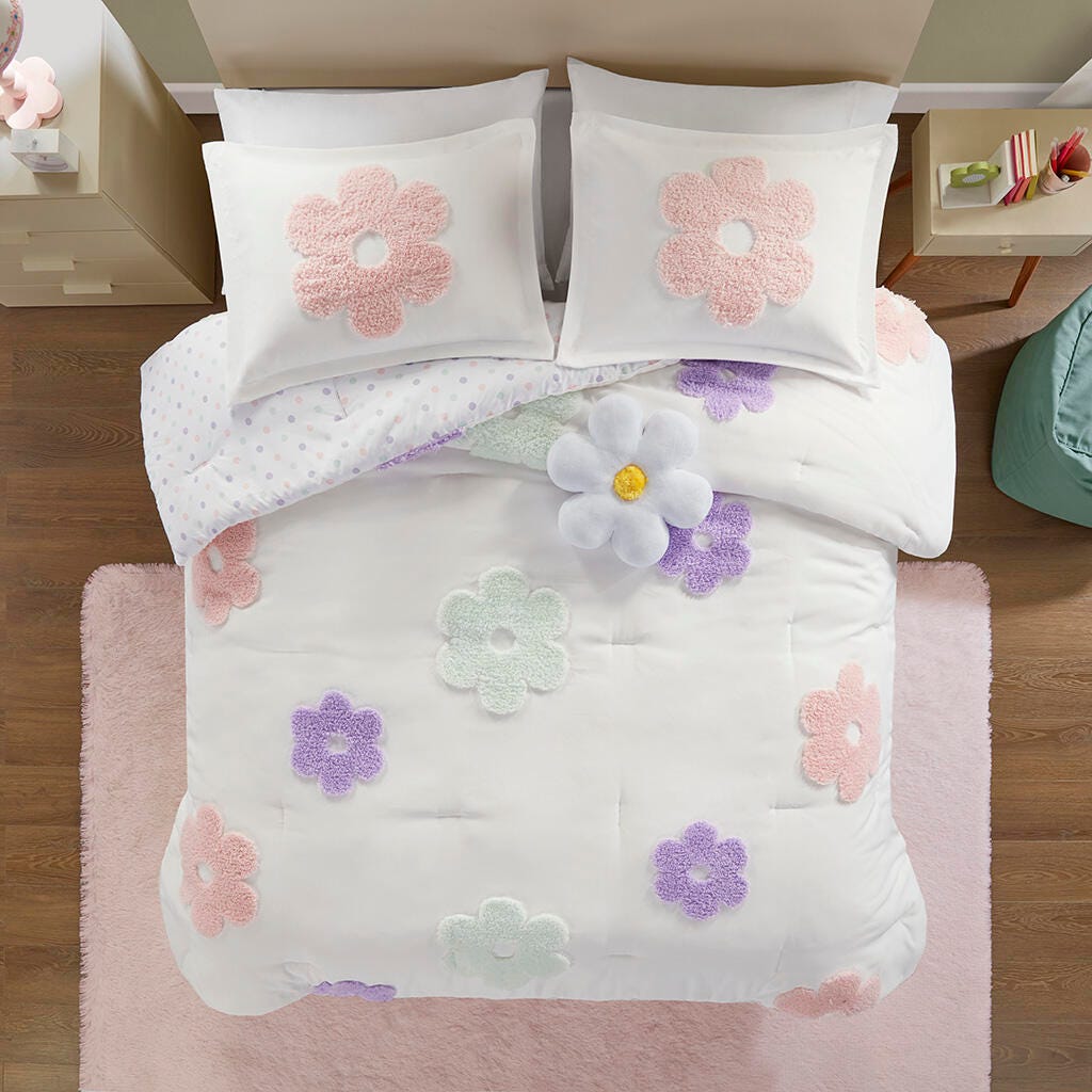 Urban Habitat Kids Chenille Twin Comforter Set with Flower Throw Pillow, White/Purple, large
