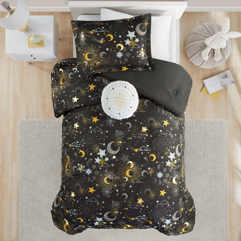 Mi Zone Kids Metallic Full/Queen Comforter Set with Throw Pillow, Charcoal/Gold, large