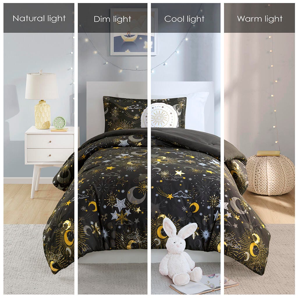 Mi Zone Kids Metallic Twin Comforter Set with Throw Pillow, Charcoal/Gold, large