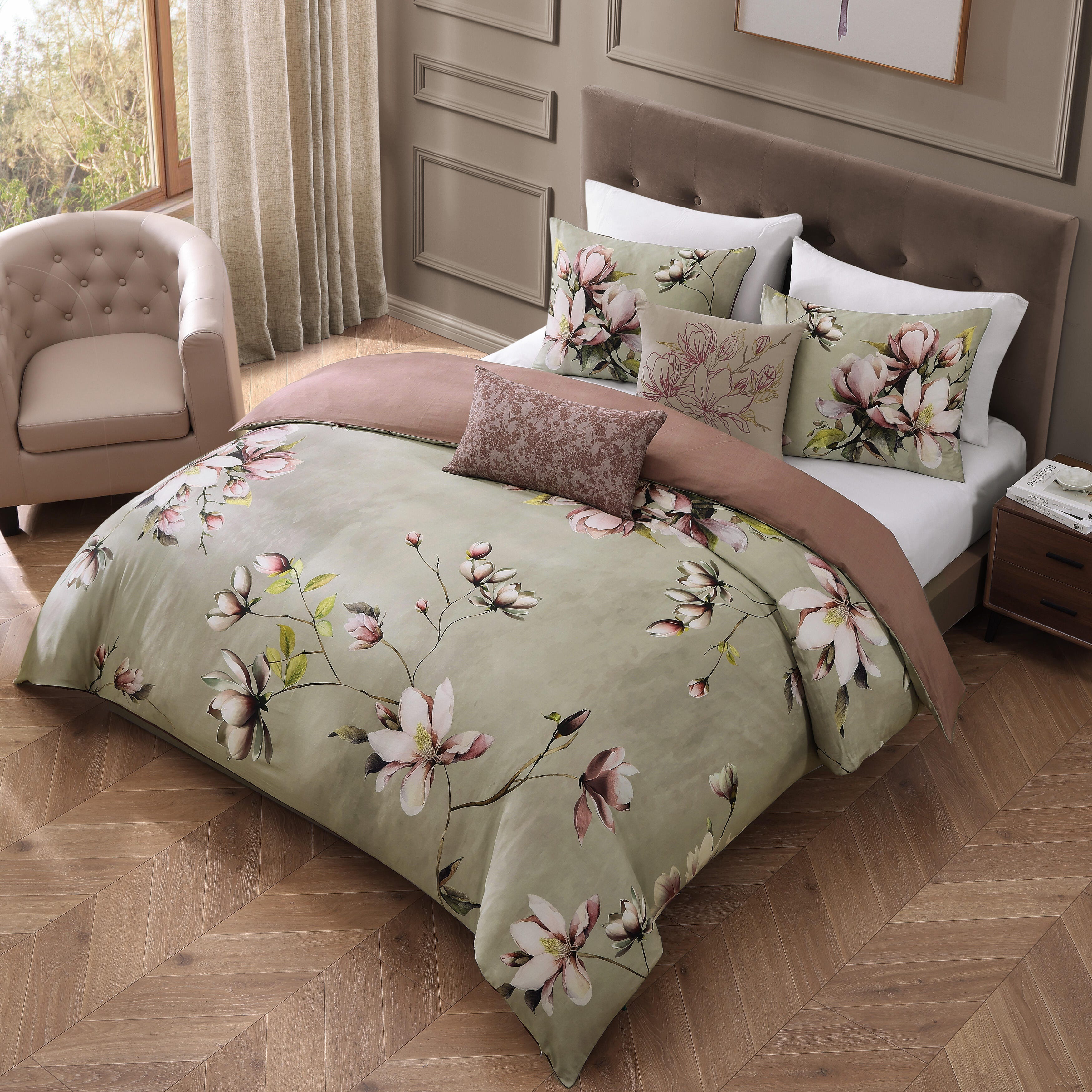 Bebejan® Purple Lilies 5 Piece Reversible Queen Comforter Set, Green, large