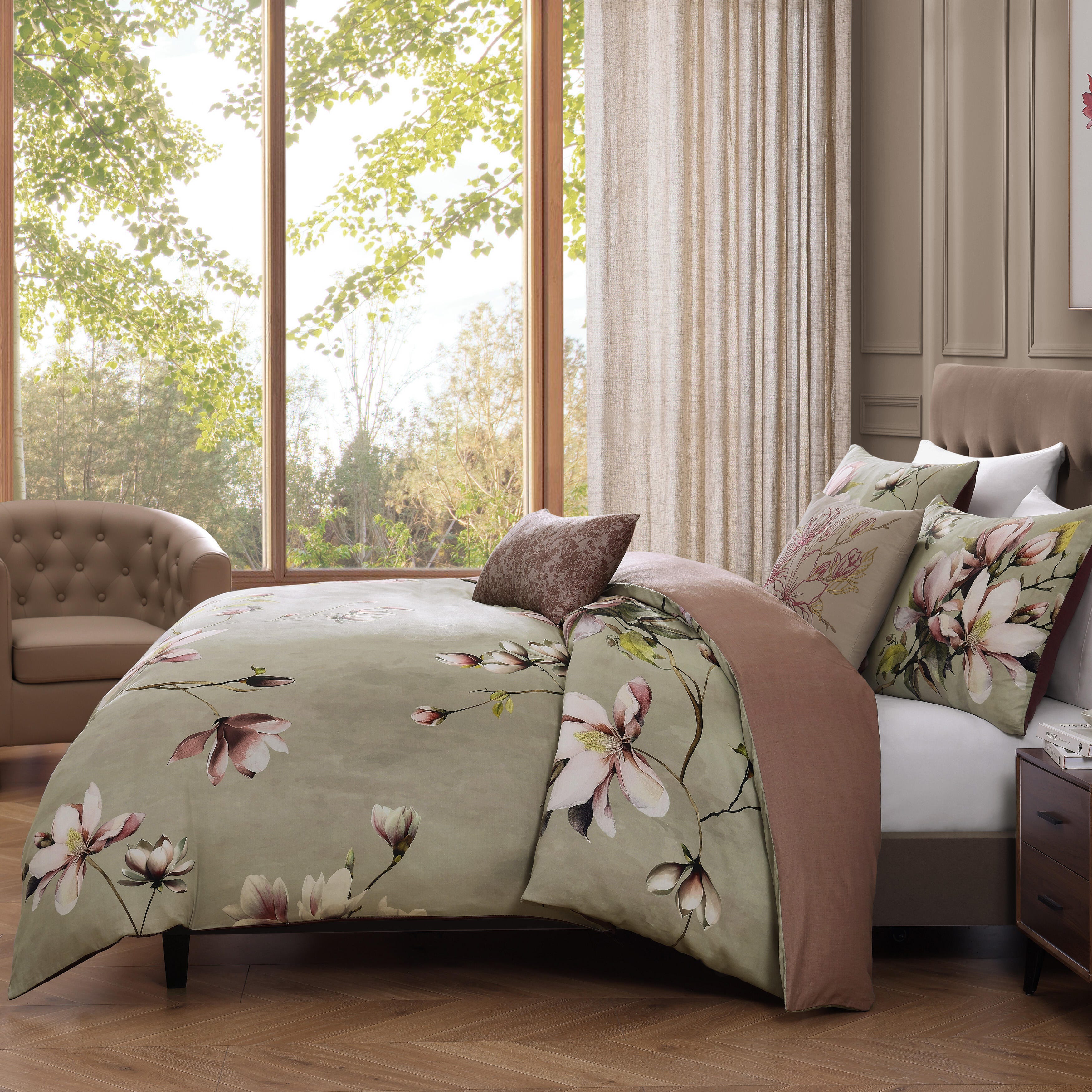 Bebejan® Purple Lilies 5 Piece Reversible Queen Comforter Set, Green, large