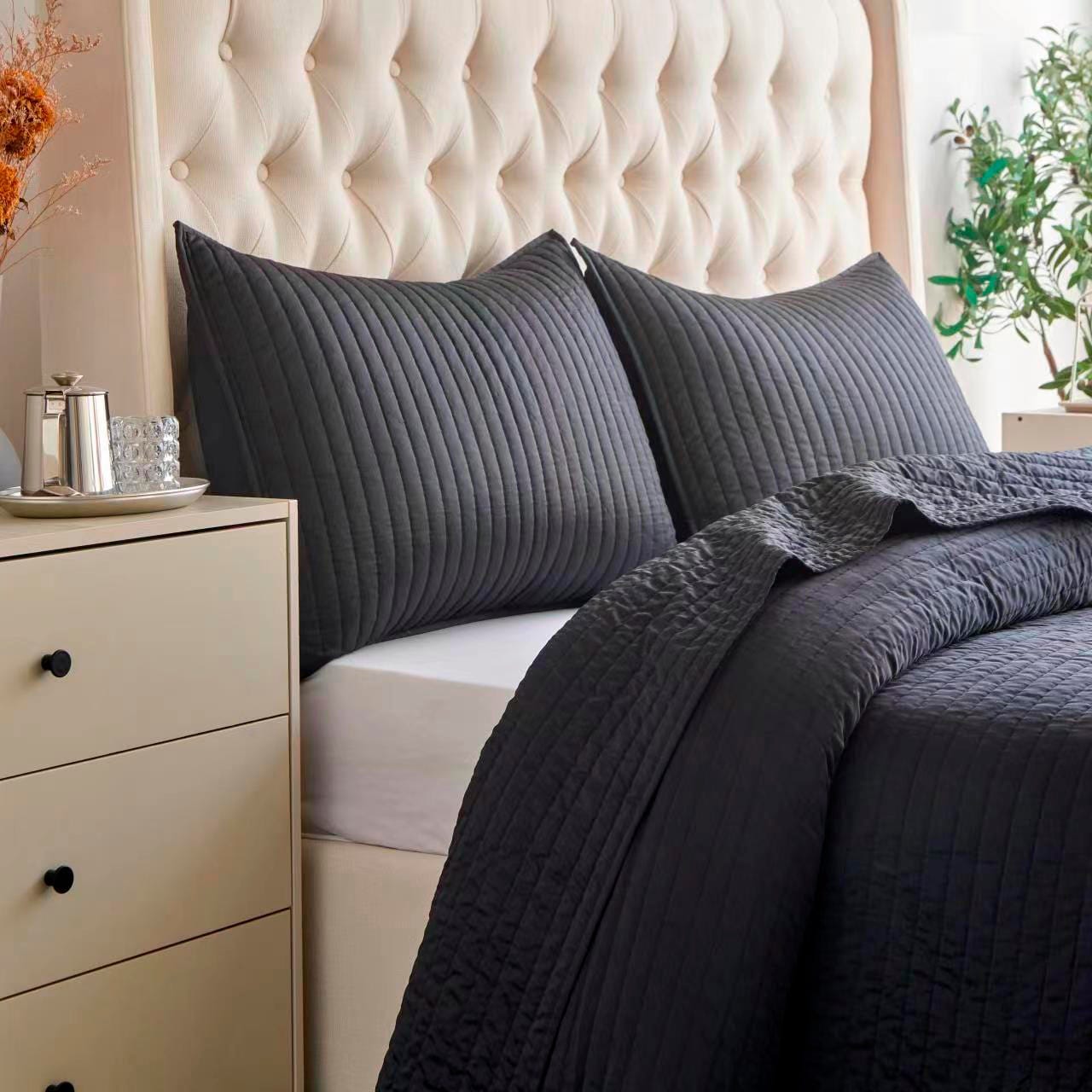 Indigo Hill Satin Channel 3-Piece King Quilt Set, Black, large
