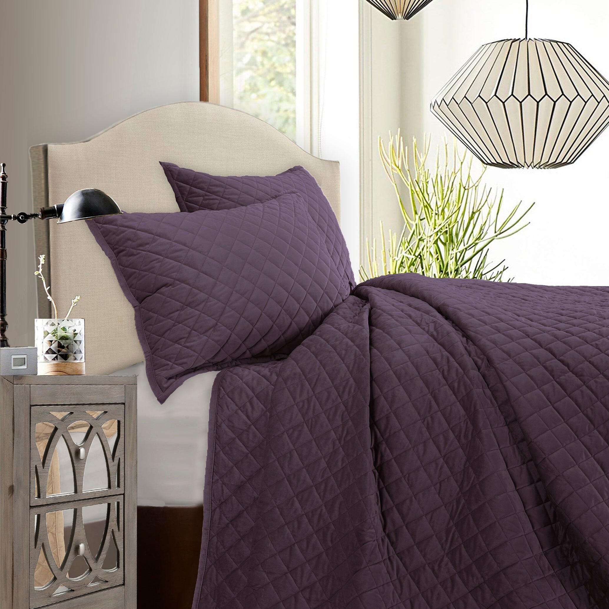 HiEnd Accents Diamond Twin Velvet Quilt, Purple, large