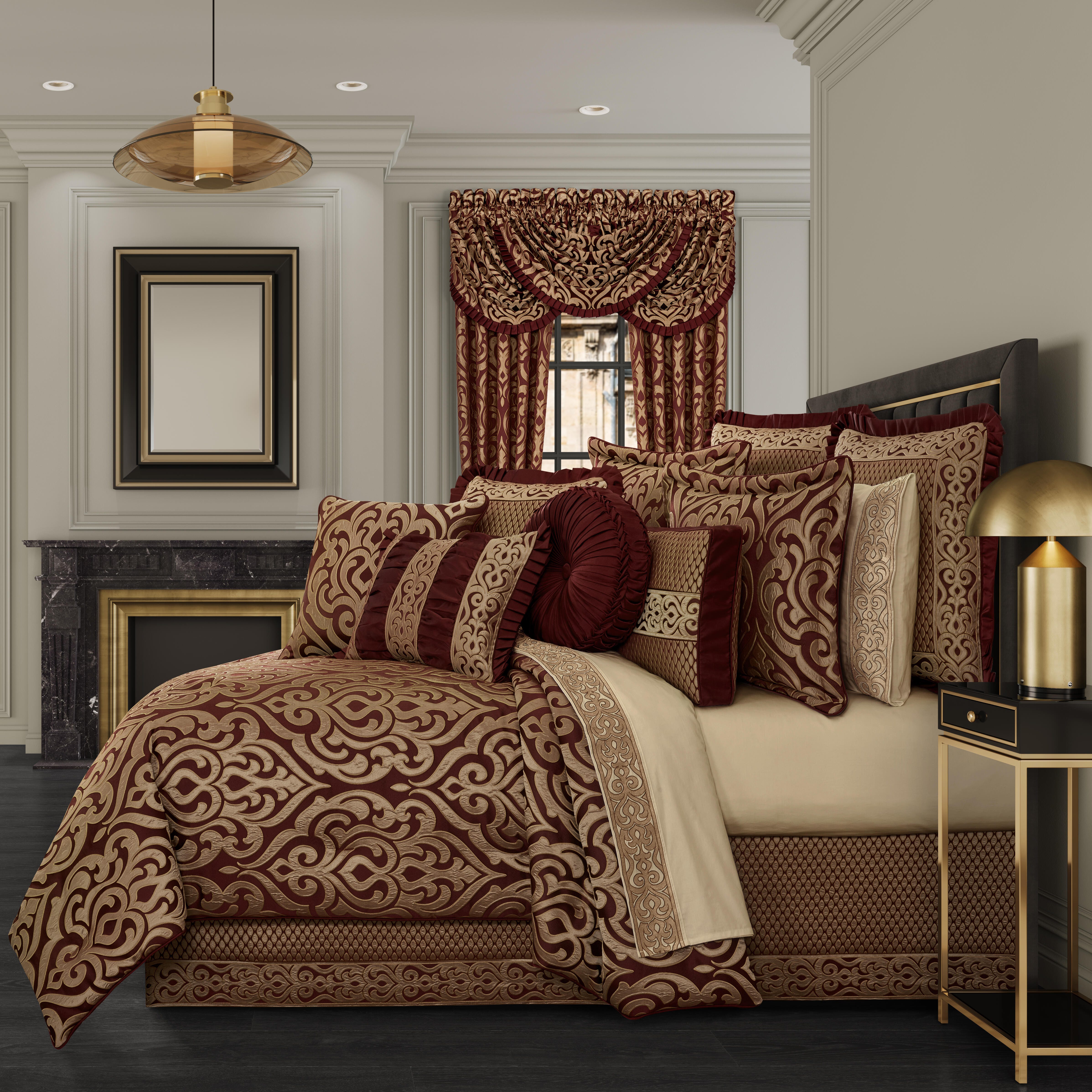 J. Queen New York Renzo 4-Piece California King Comforter Set with bed skirt, Crimson, large