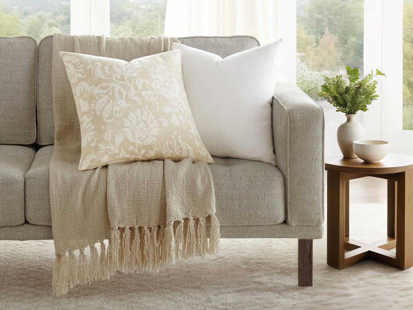 iEnjoy Home Classic Damask Print Decorative Throw Pillow, Natural, large