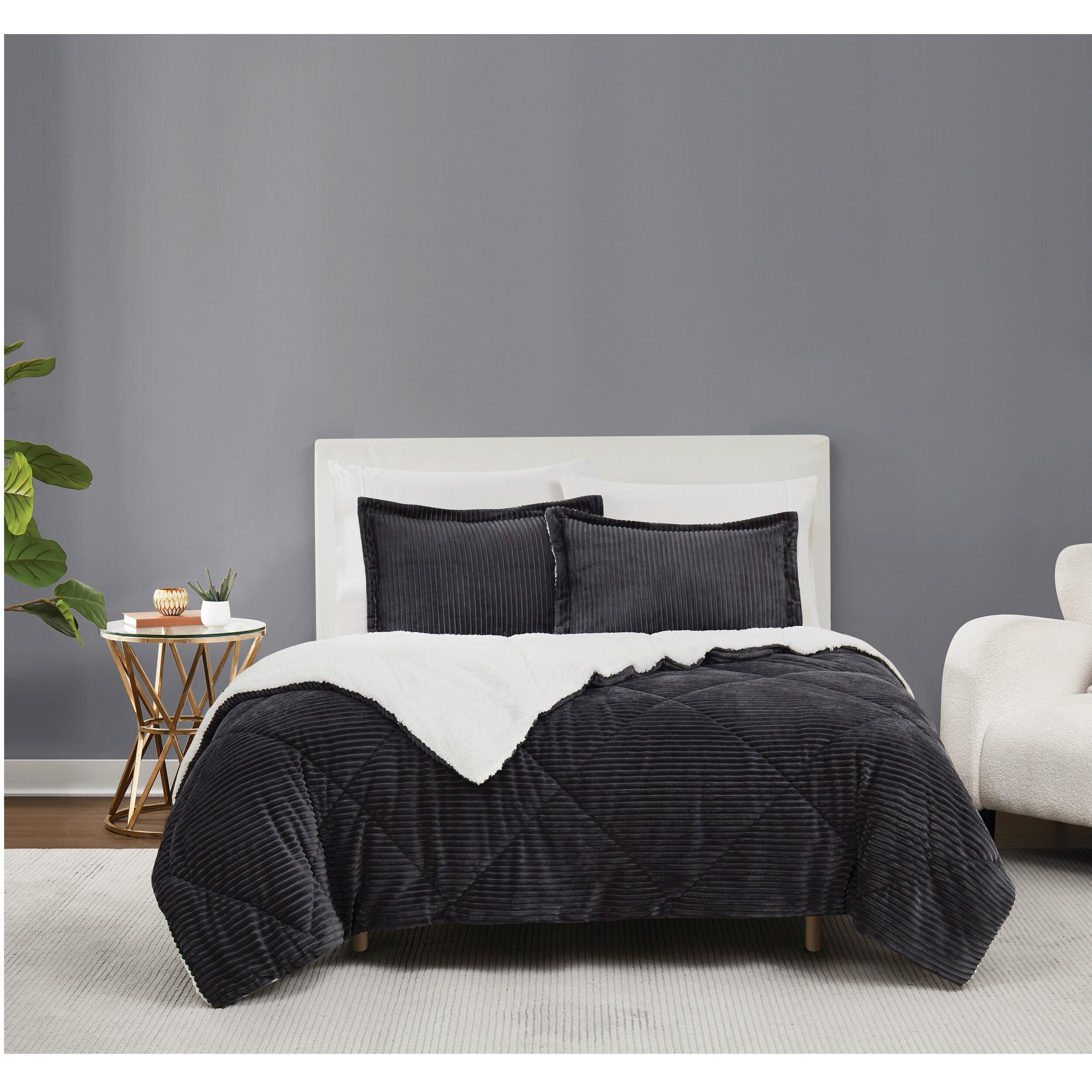 Brooklyn Loom Corduroy Plush 3-Piece Full/Queen Comforter Set, Gray, rollover