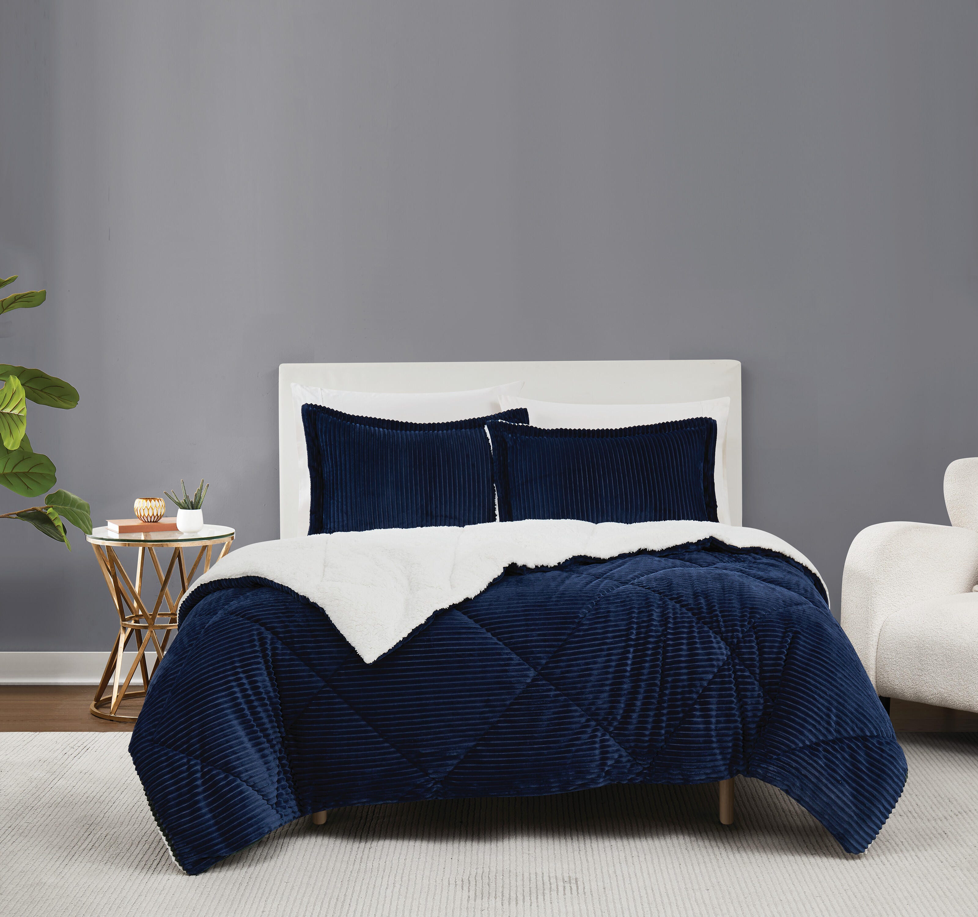 Brooklyn Loom Corduroy Plush 3-Piece Full/Queen Comforter Set, Blue, rollover