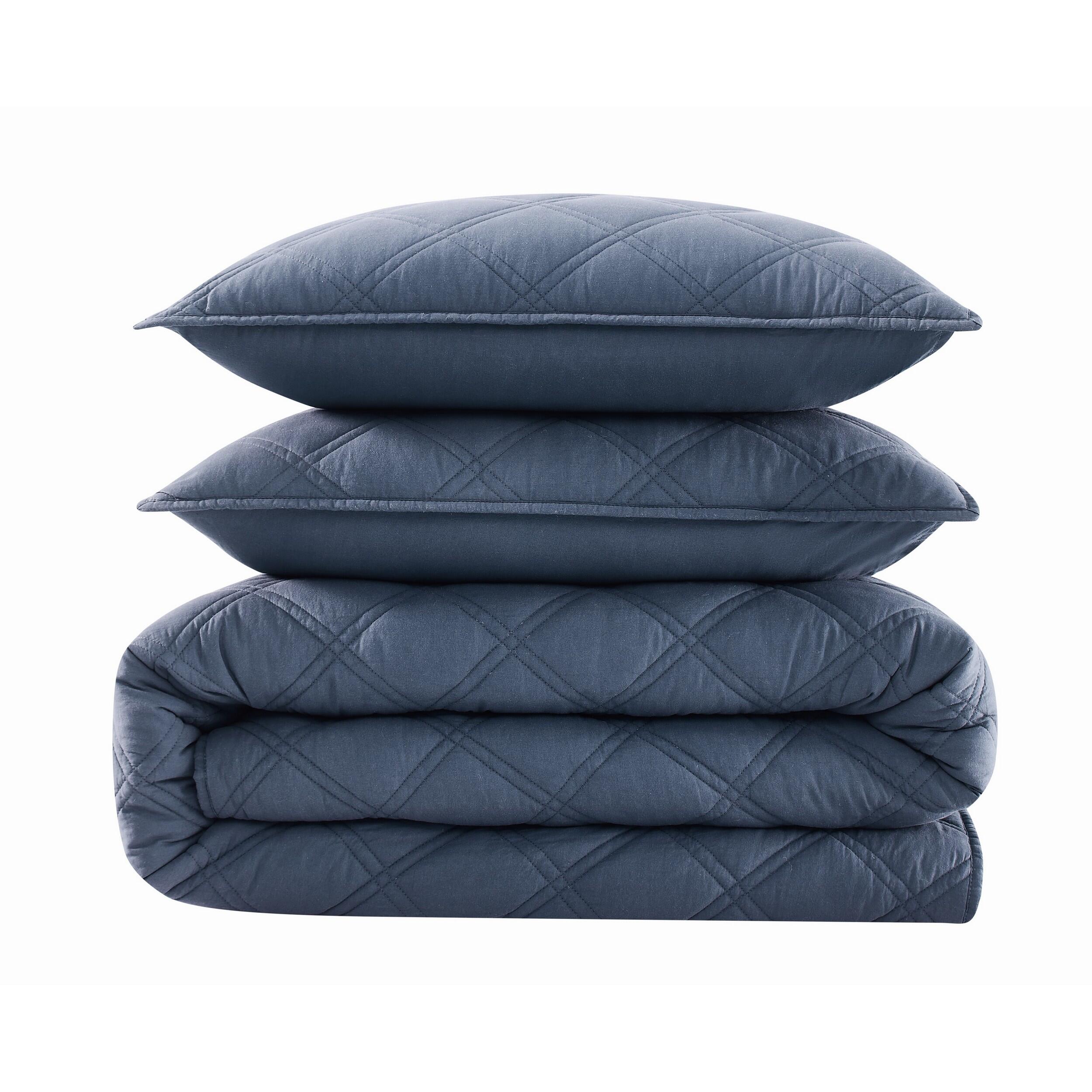 Brooklyn Loom Diamond Washed 3-Piece Full/Queen Quilt Set, Blue, large