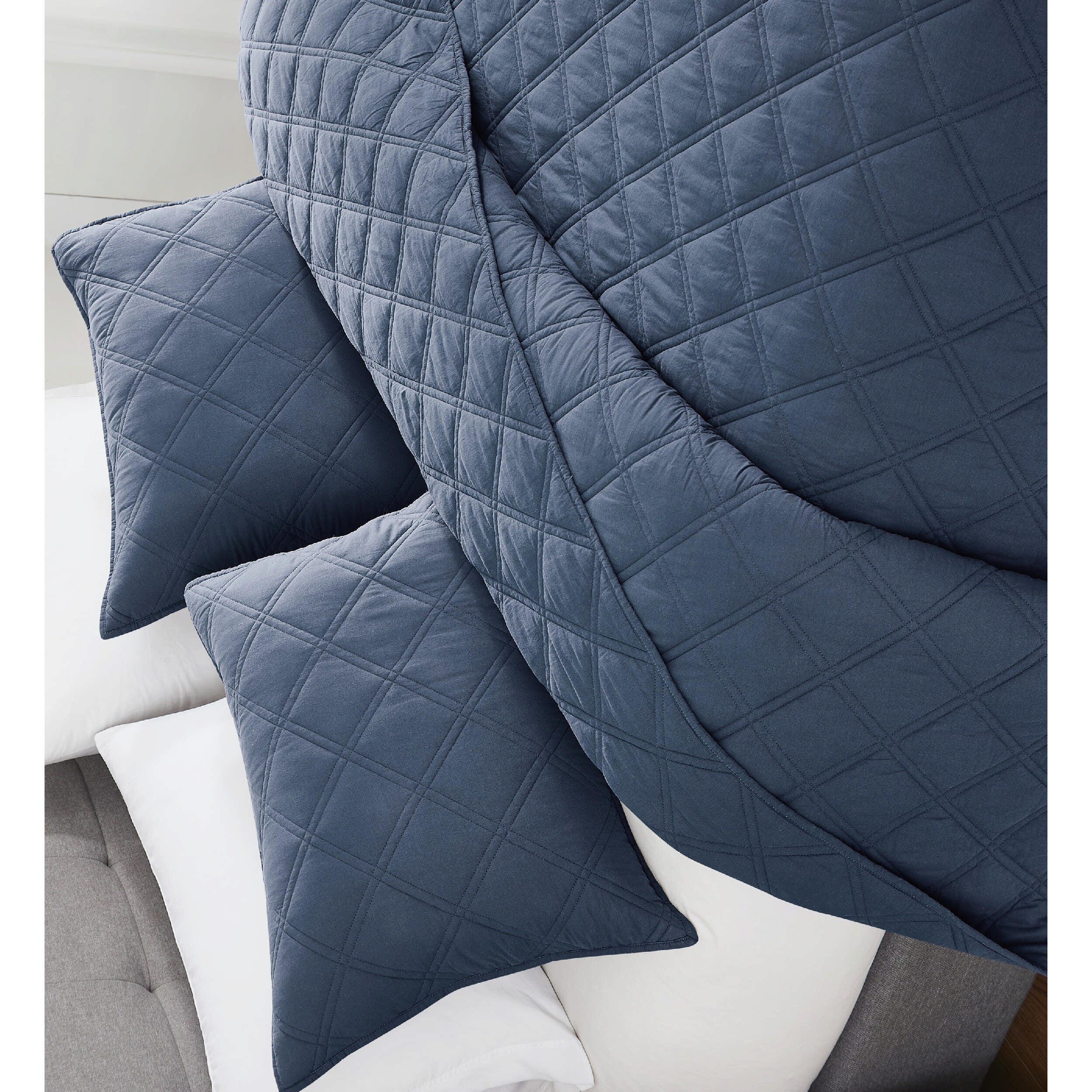 Brooklyn Loom Diamond Washed 3-Piece Full/Queen Quilt Set, Blue, large
