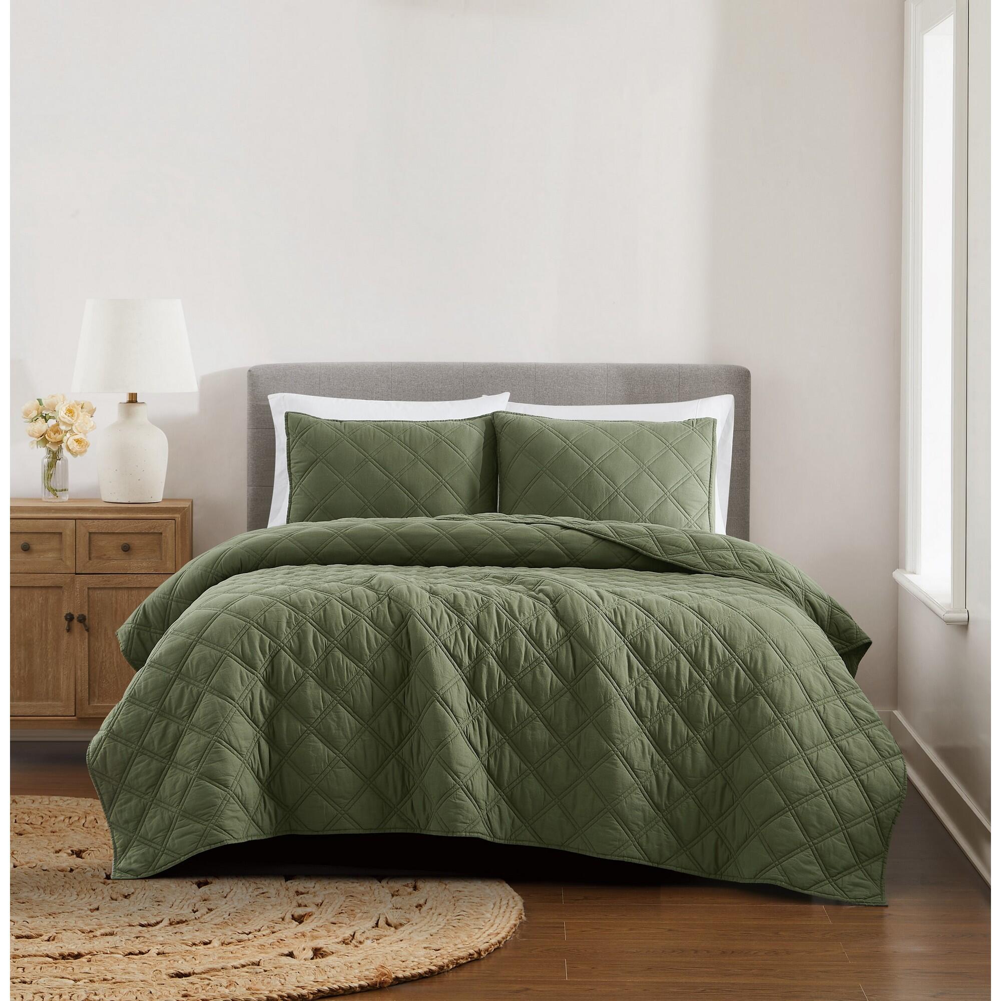Brooklyn Loom Diamond Washed 3-Piece King Quilt Set, Green, rollover