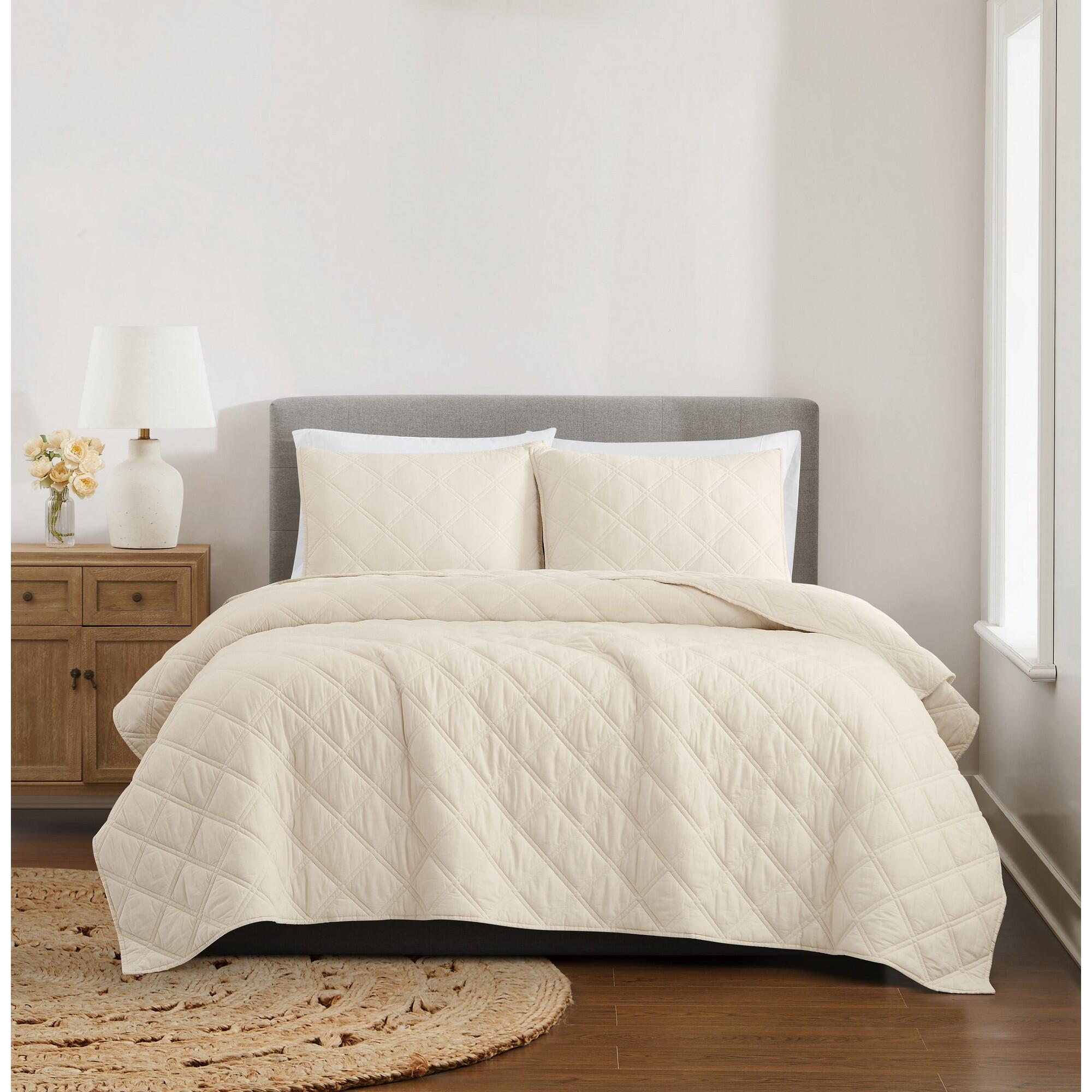 Brooklyn Loom Diamond Washed 3-Piece Full/Queen Quilt Set, Natural, large