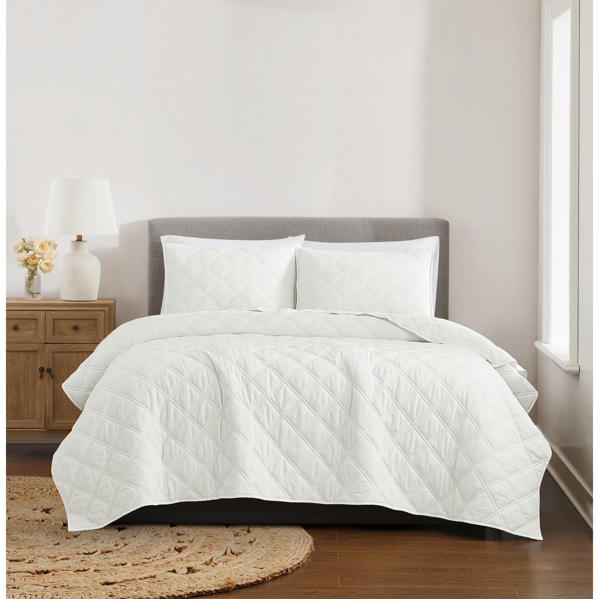 Brooklyn Loom Diamond Washed 3-Piece Full/Queen Quilt Set, White, large
