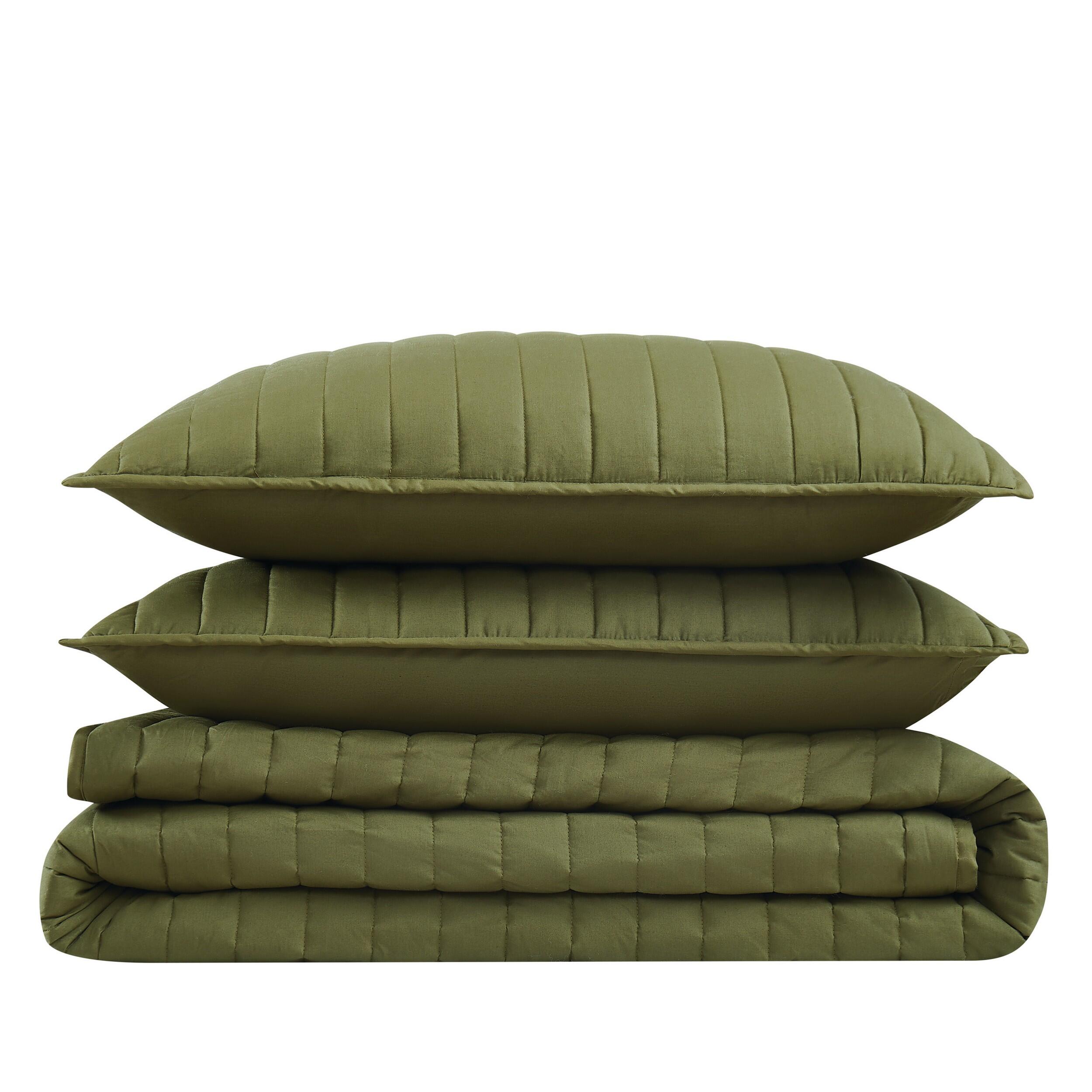Brooklyn Loom Percale 3-Piece Full/Queen Quilt Set, Olive Green, rollover