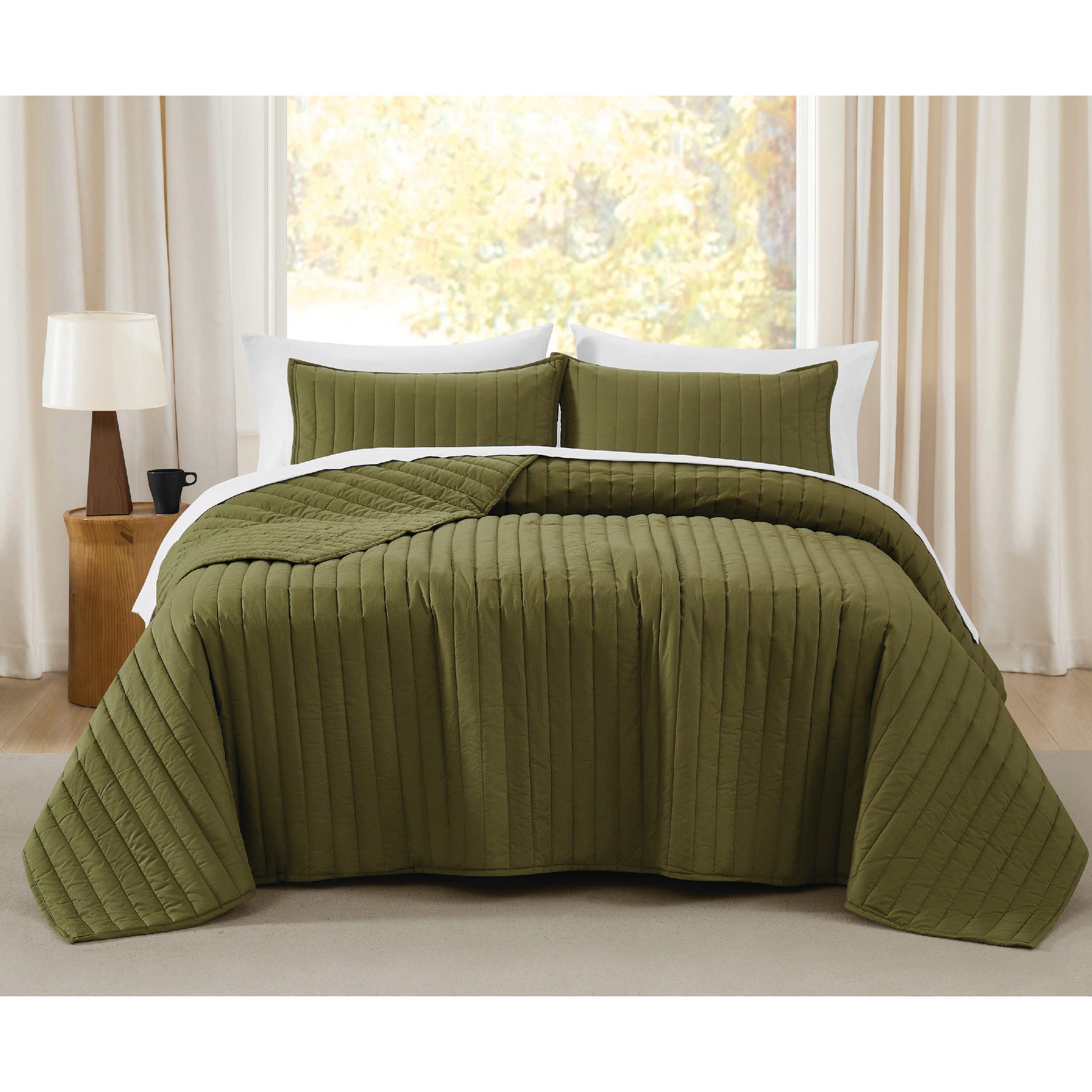 Brooklyn Loom Percale 3-Piece King Quilt Set, Olive Green, rollover