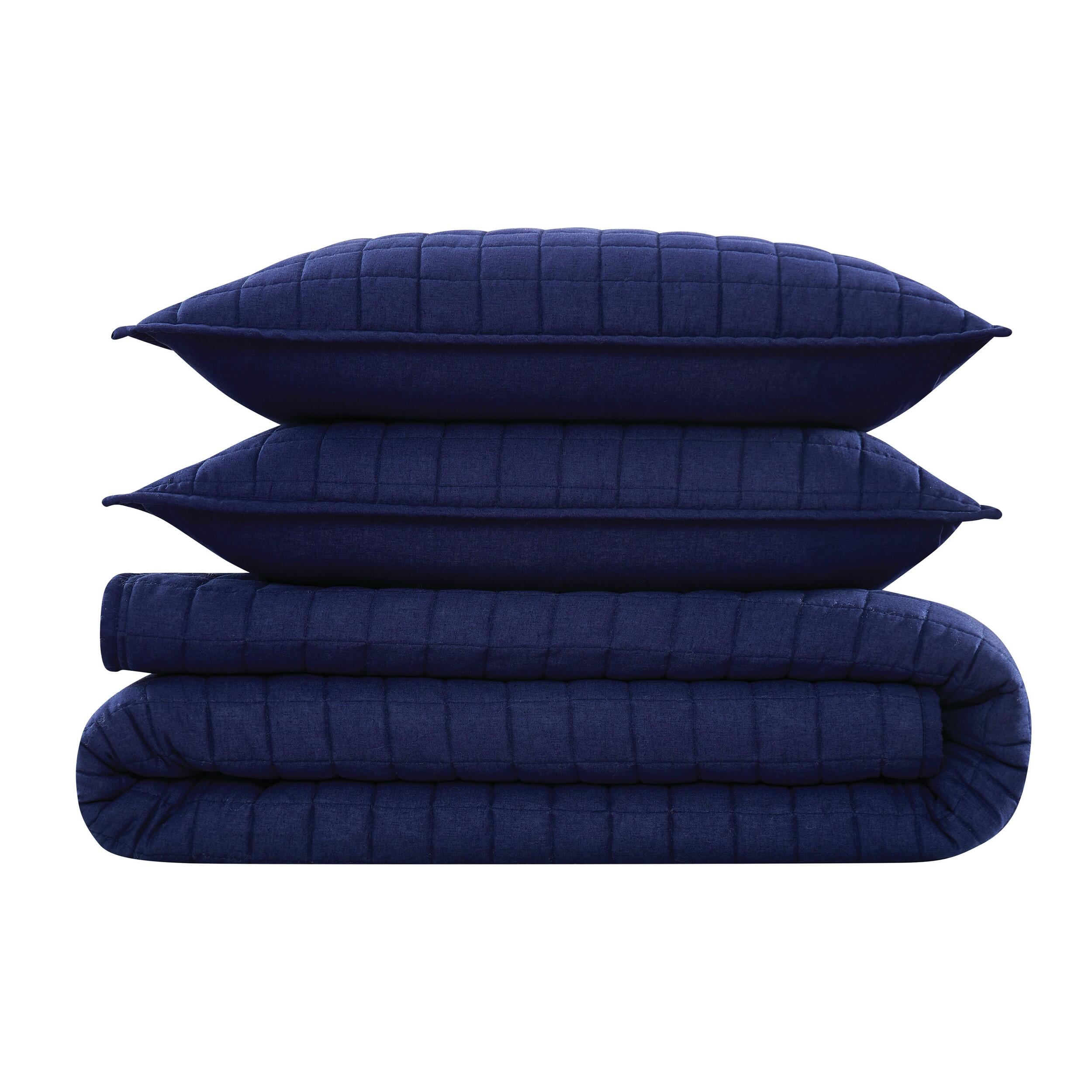 Brooklyn Loom Solid 3-Piece Full/Queen Quilt Set, Navy Blue, large