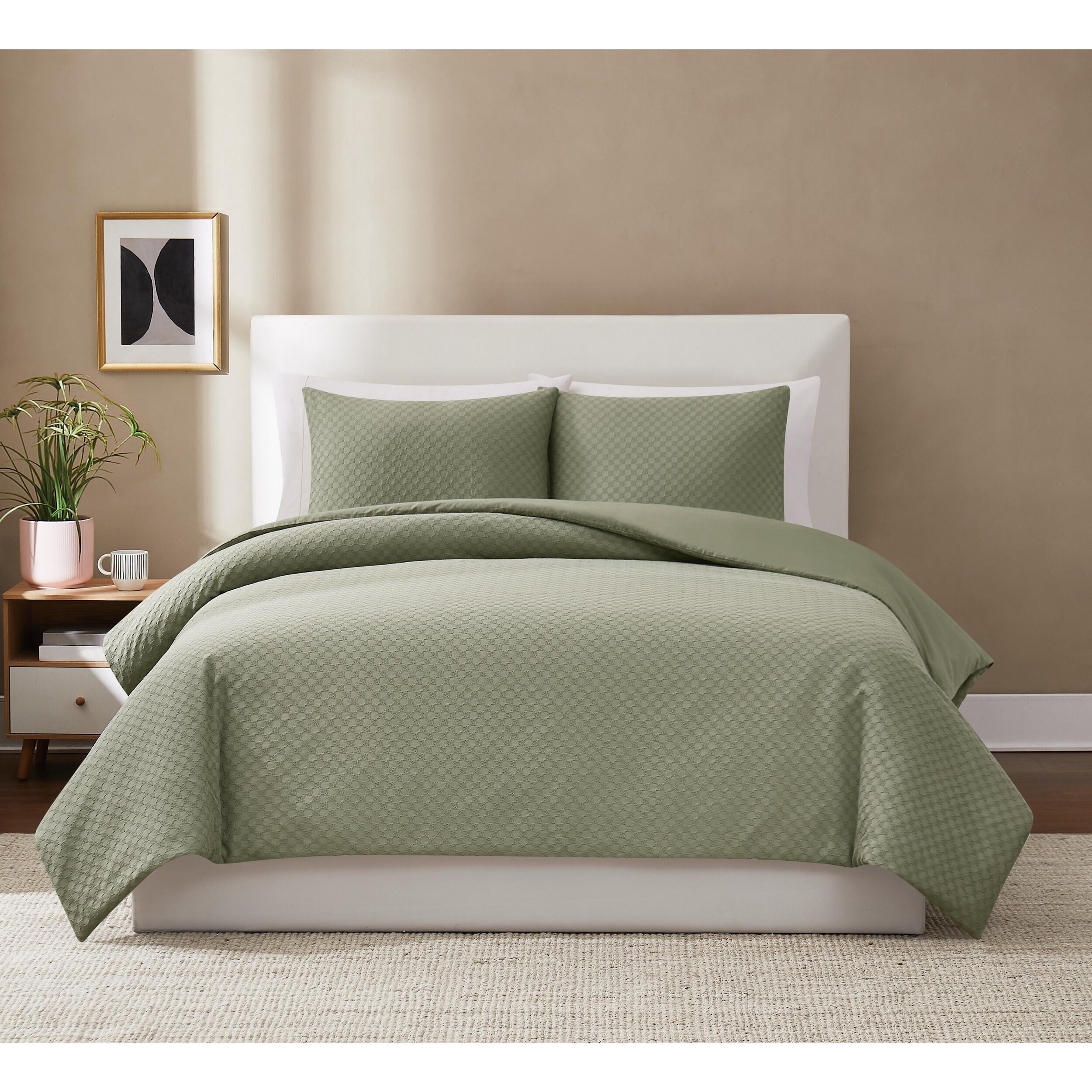 Brooklyn Loom Woven Texture 3-Piece Full/Queen Duvet Set, Green, large