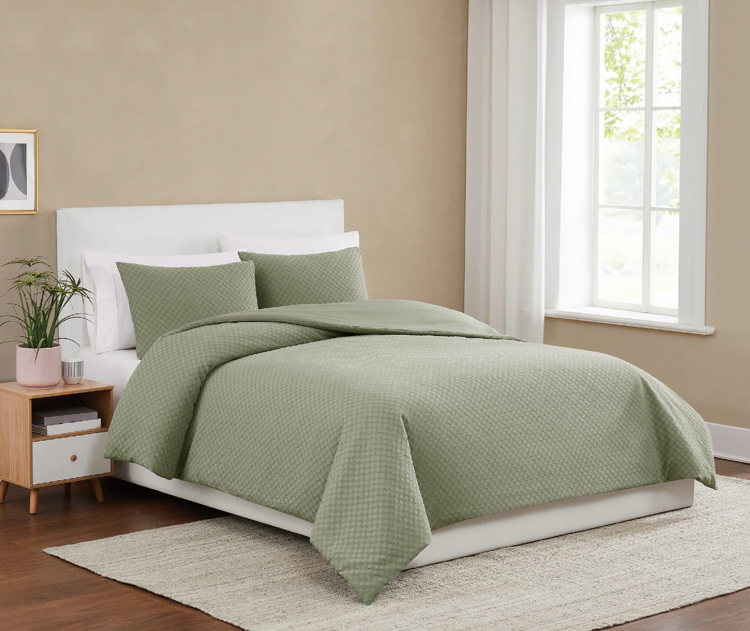 Brooklyn Loom Woven Texture 3-Piece Full/Queen Duvet Set, Green, large