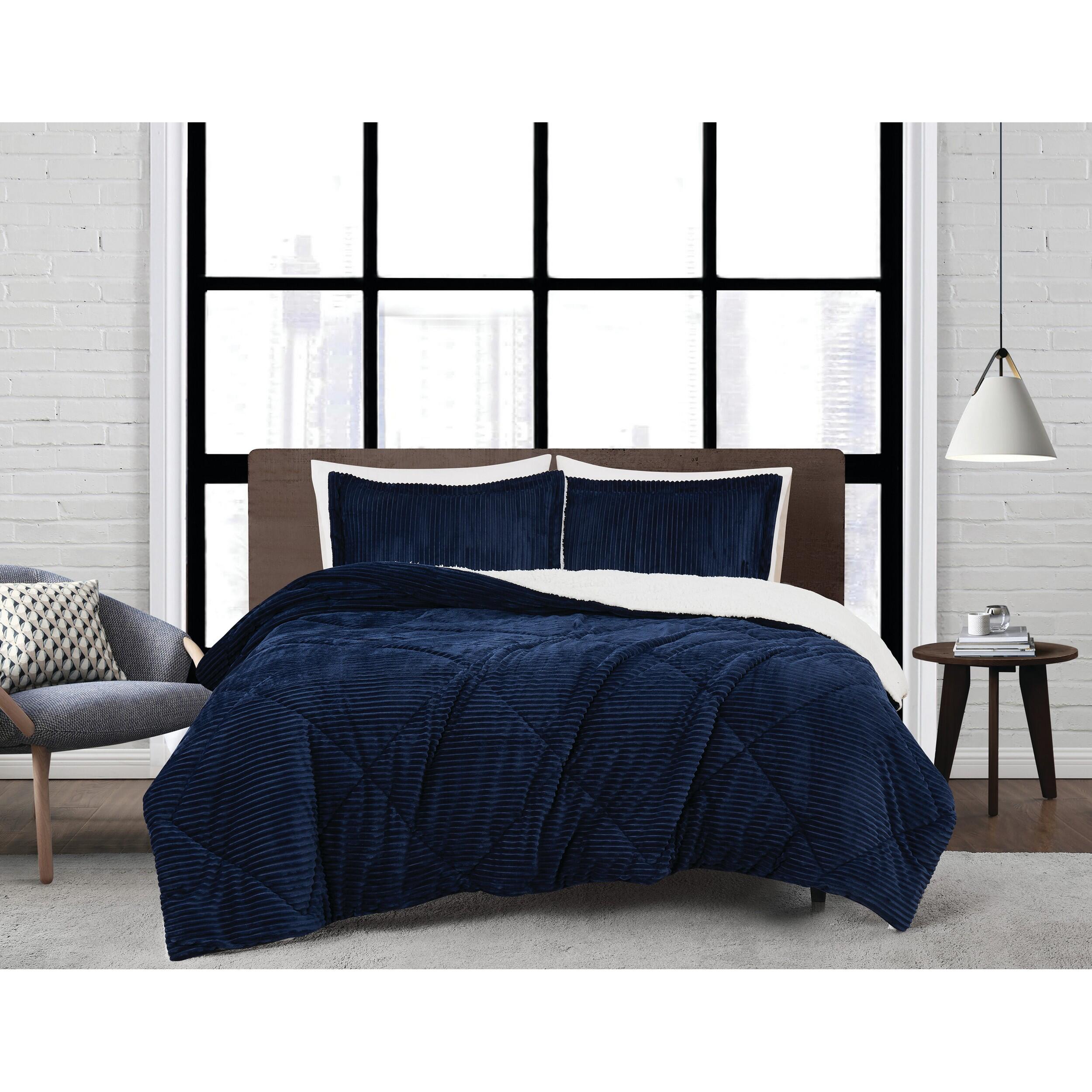 London Fog Plush 3-Piece King Comforter Set, Blue, rollover