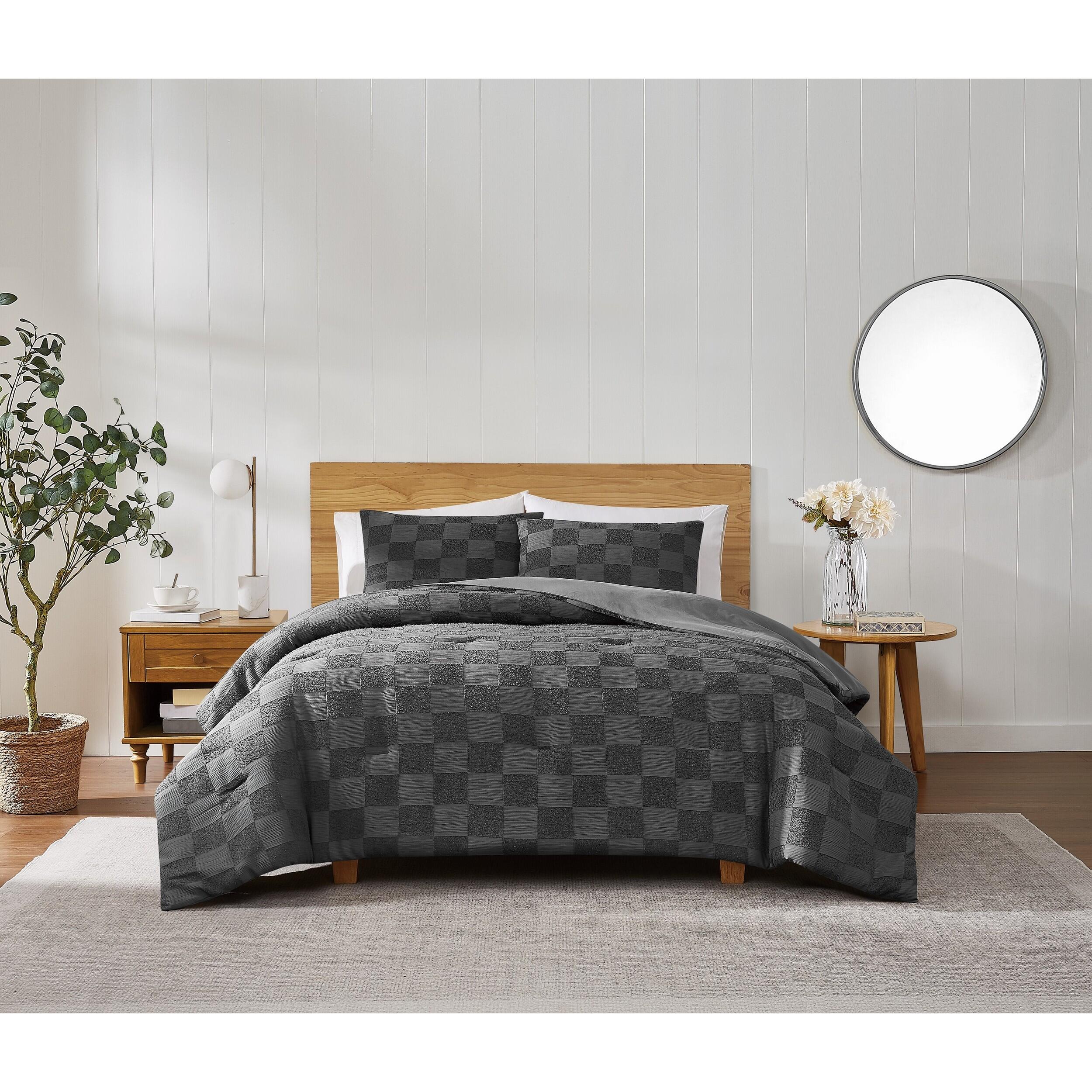 Truly Soft Textured Checkered 3-Piece Full/Queen Comforter Set, Gray, rollover