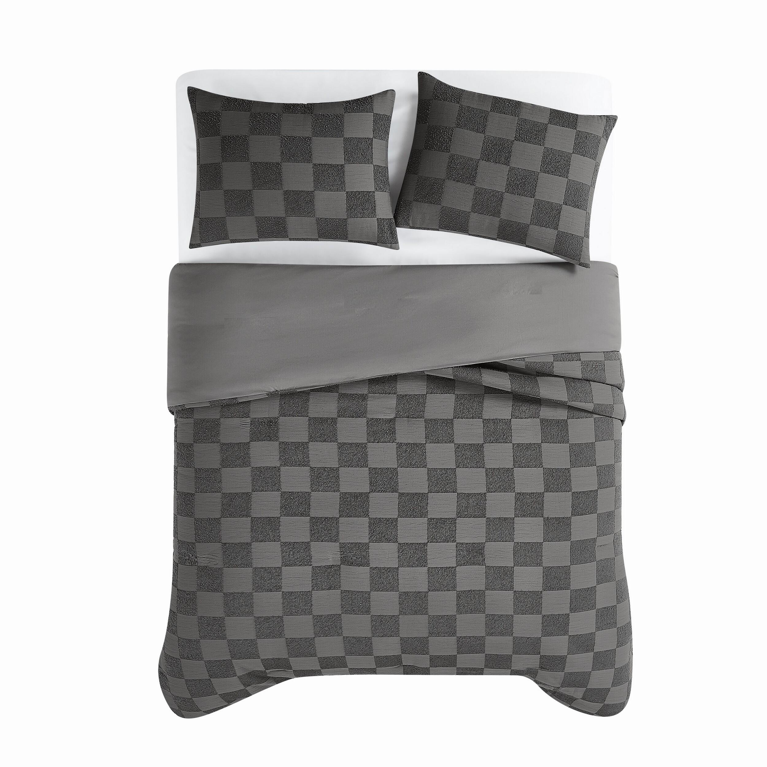Truly Soft Textured Checkered 3-Piece King Duvet Set, Gray, large