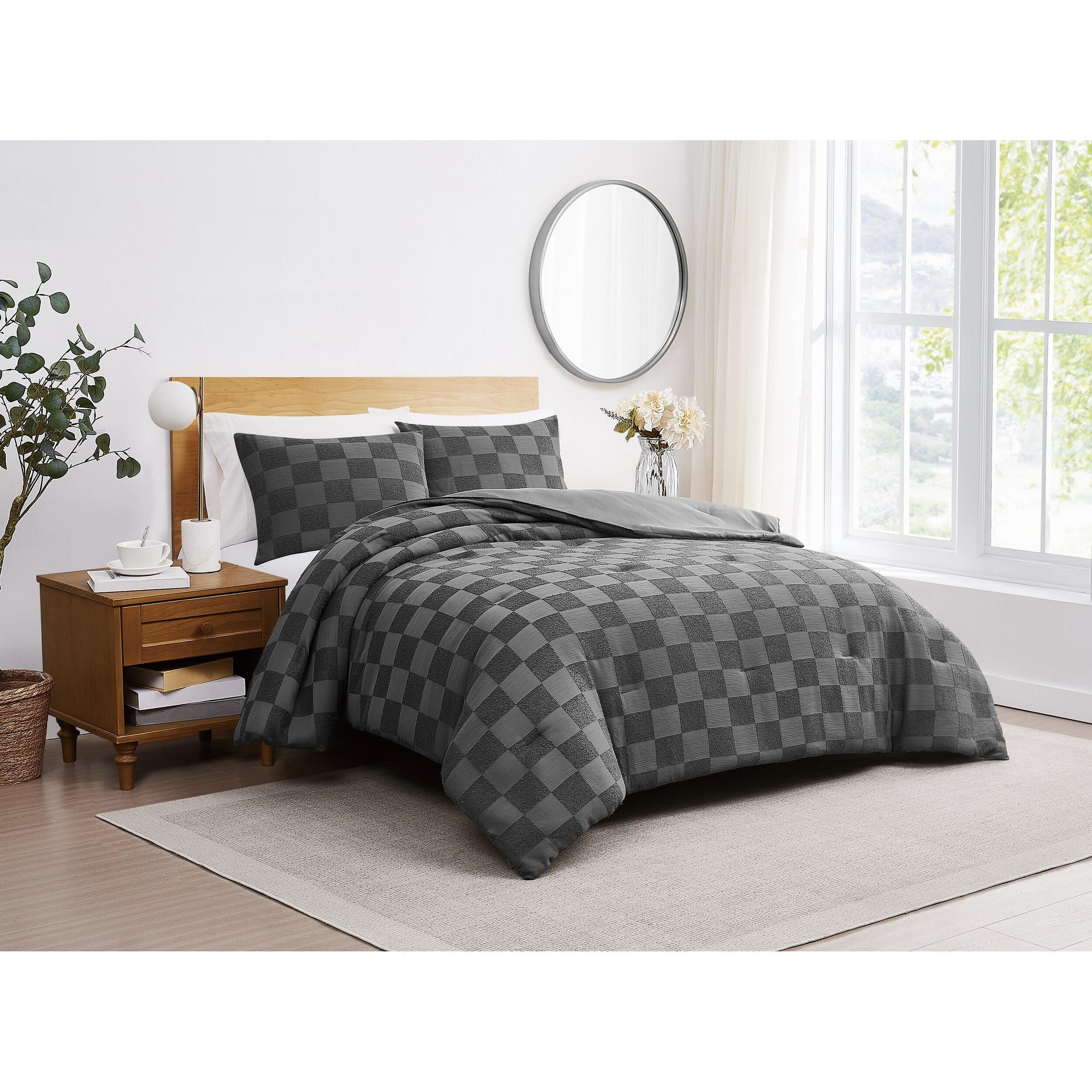 Truly Soft Textured Checkered 3-Piece King Duvet Set, Gray, large