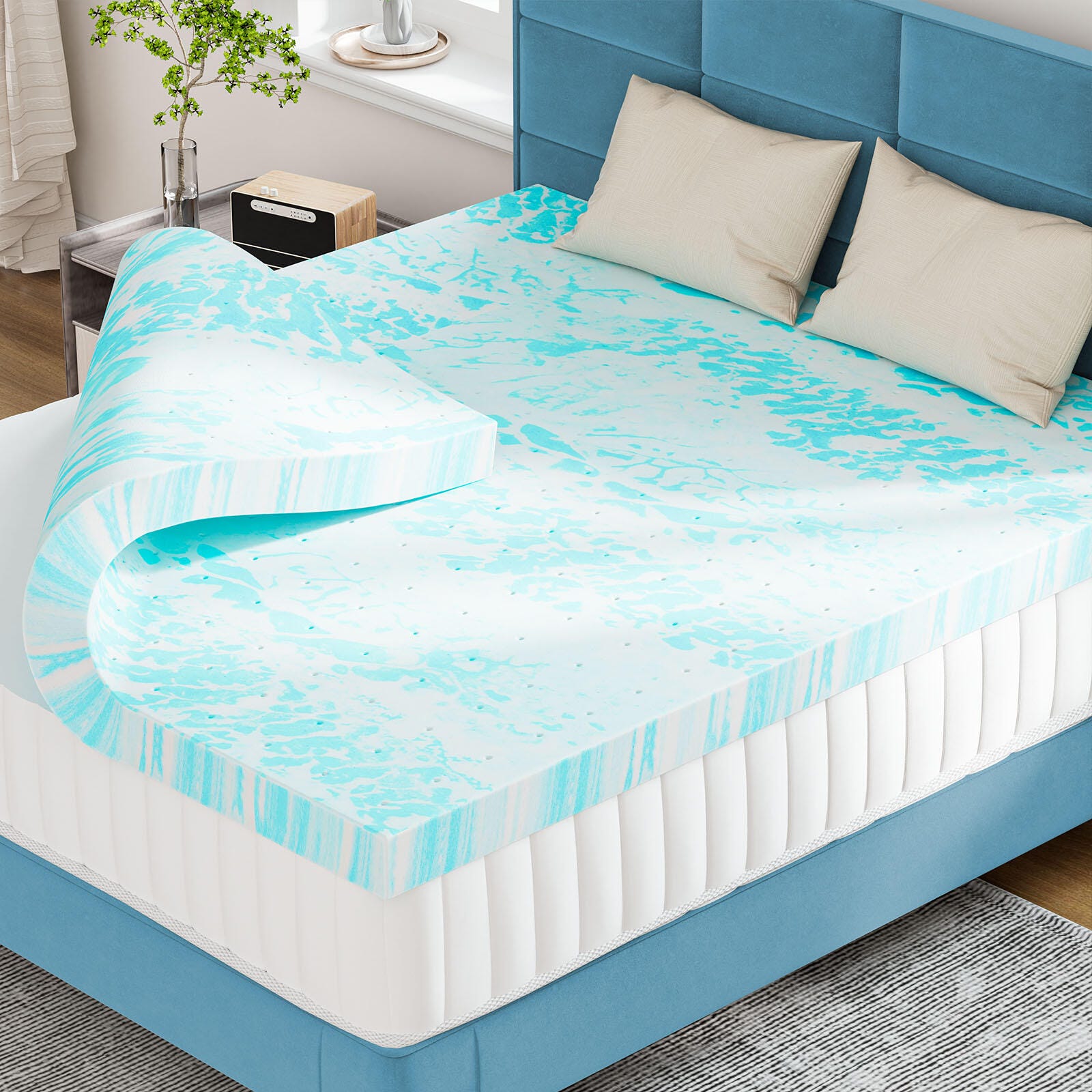 Dovelina Zenyra Twin Memory Foam 2" Mattress Topper, Blue, large