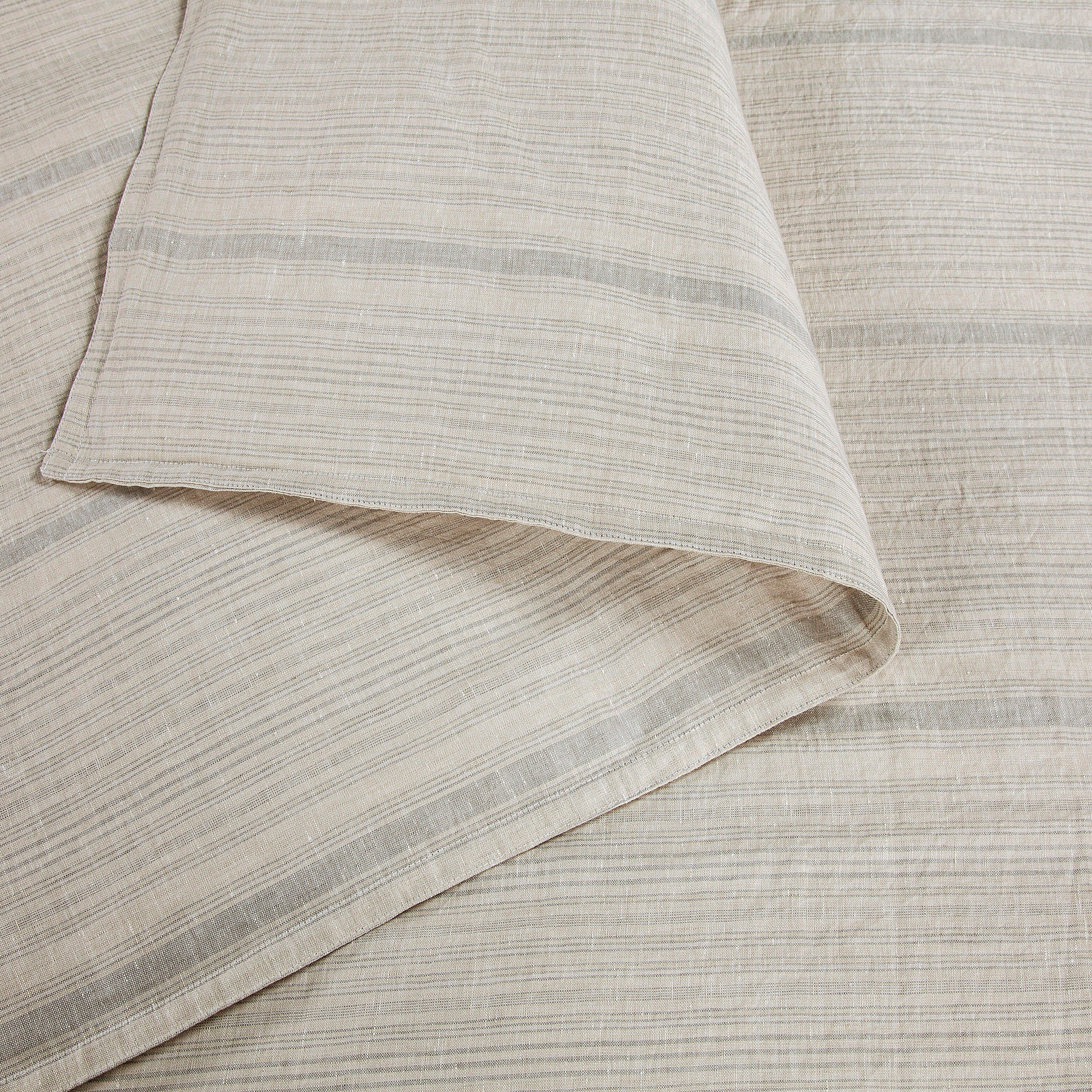 Ashley Luxe 100% French Flax Linen Variegated Stripe Duvet Cover Set, King, Natural/Light Blue, 3PC, , rollover