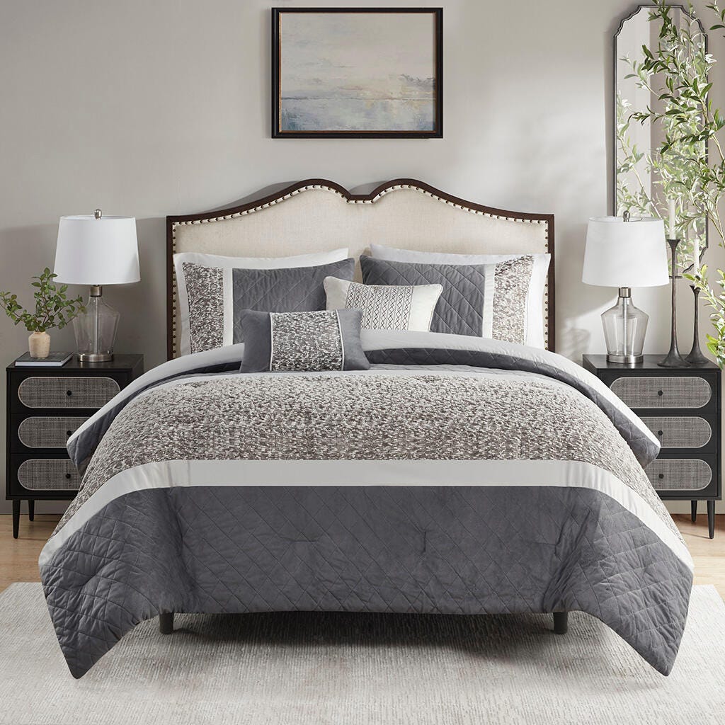 Madison Park Amelia 5-Piece Full/Queen Comforter Set, Gray, large