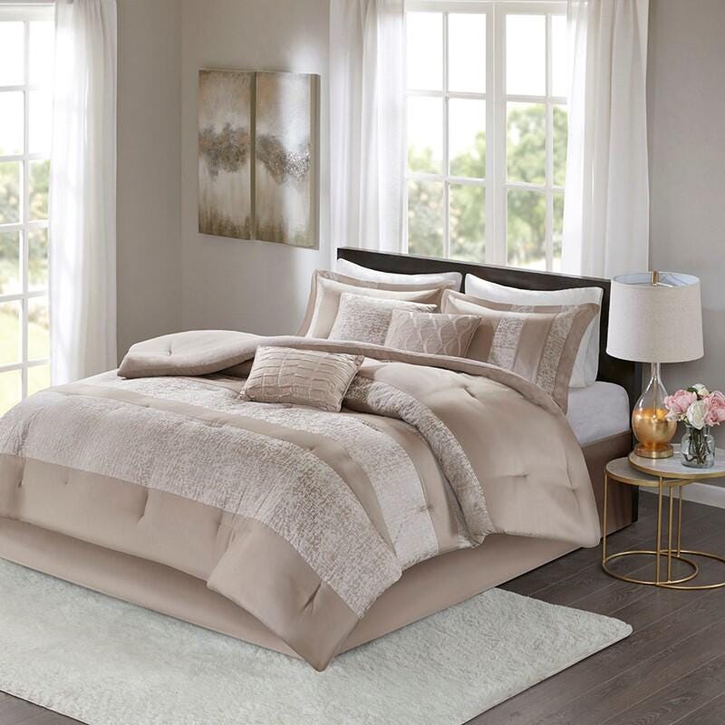 Madison Park Ava 7-Piece Queen Comforter Set, Taupe, large