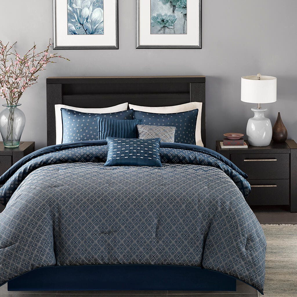 Madison Park Biloxi 7-Piece Queen Comforter Set, Navy, large
