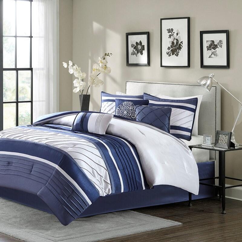 Madison Park Blaire 7-Piece Queen Comforter Set, Navy, large