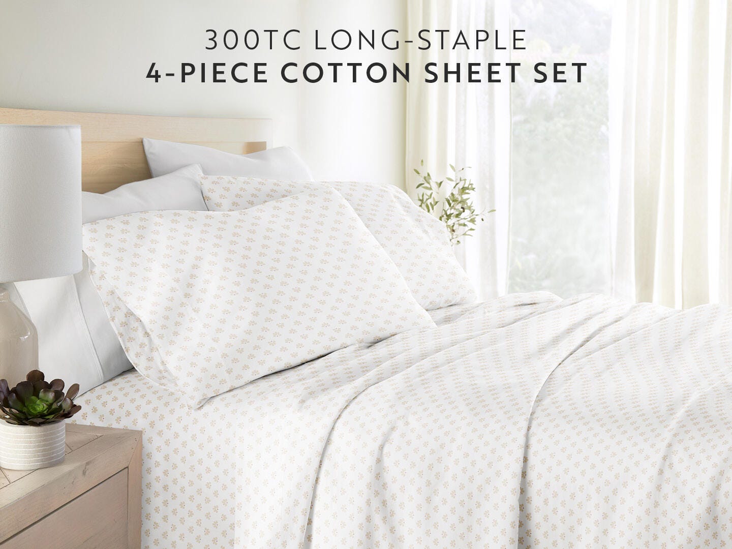 iEnjoy Home Moon Daisies 4 Piece King Sheet Set, Natural, large