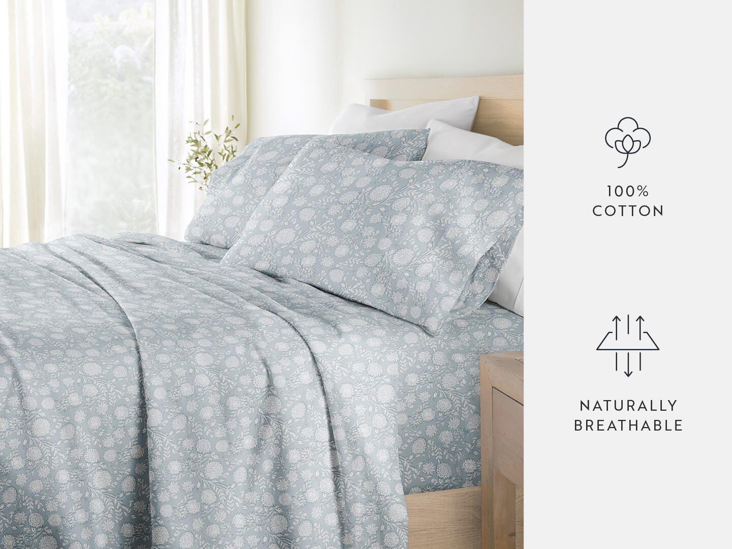 iEnjoy Home Bohemian Garden 4 Piece Queen Sheet Set, Blue, large