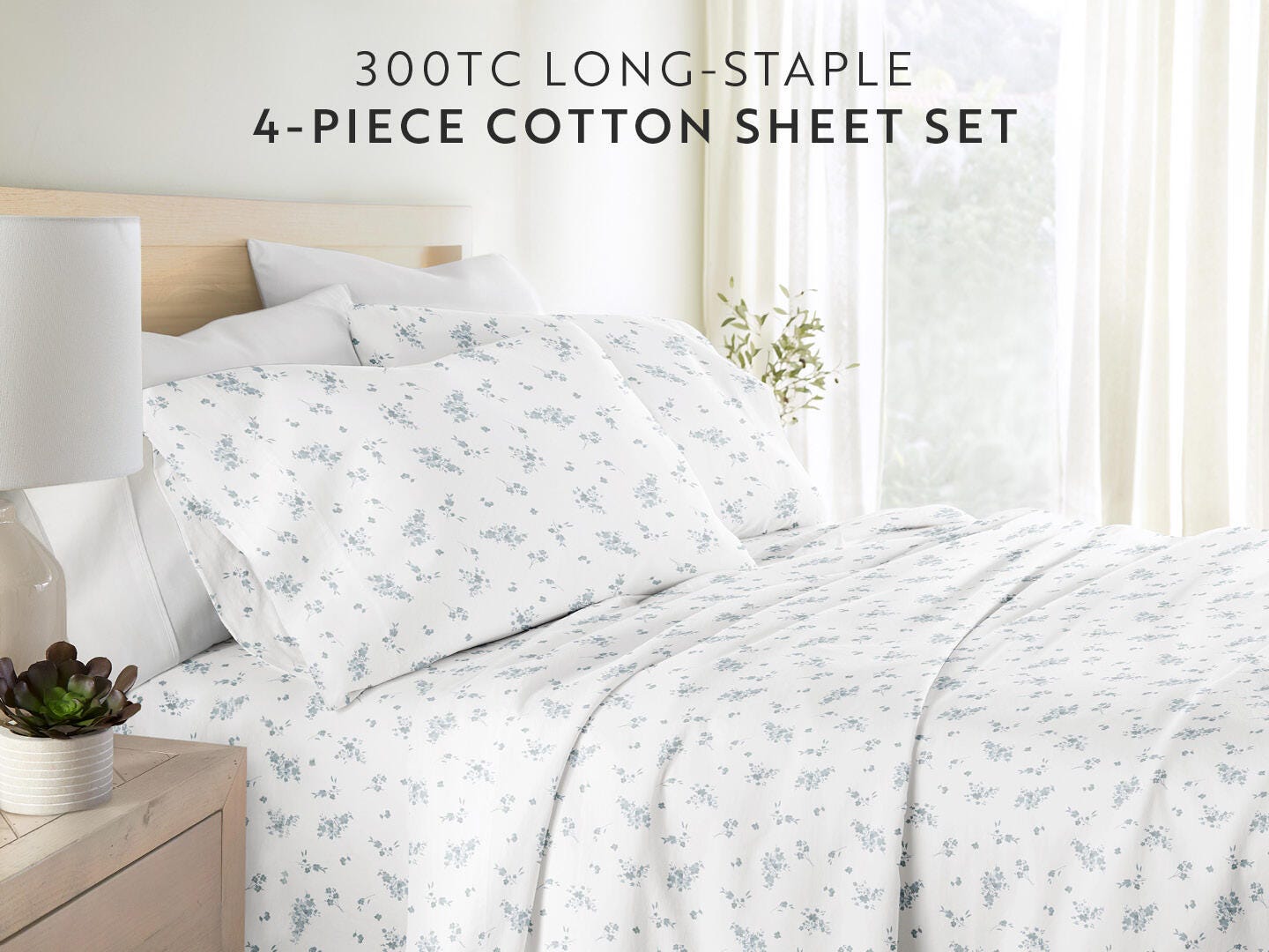 iEnjoy Home Bouquet Bliss 4 Piece Queen Sheet Set, Light Blue, large