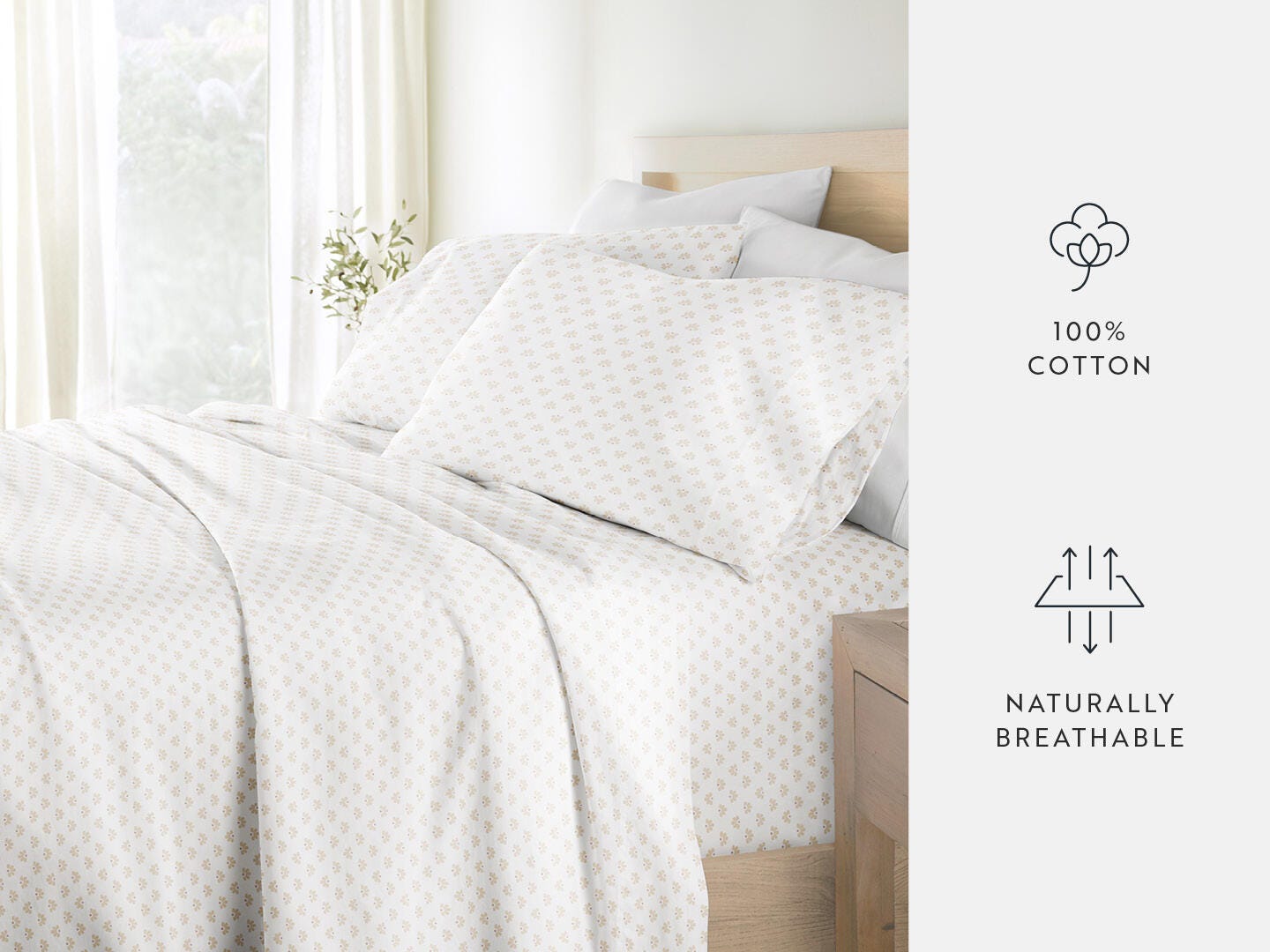 iEnjoy Home Moon Daisies 4 Piece Twin Sheet Set, Natural, large