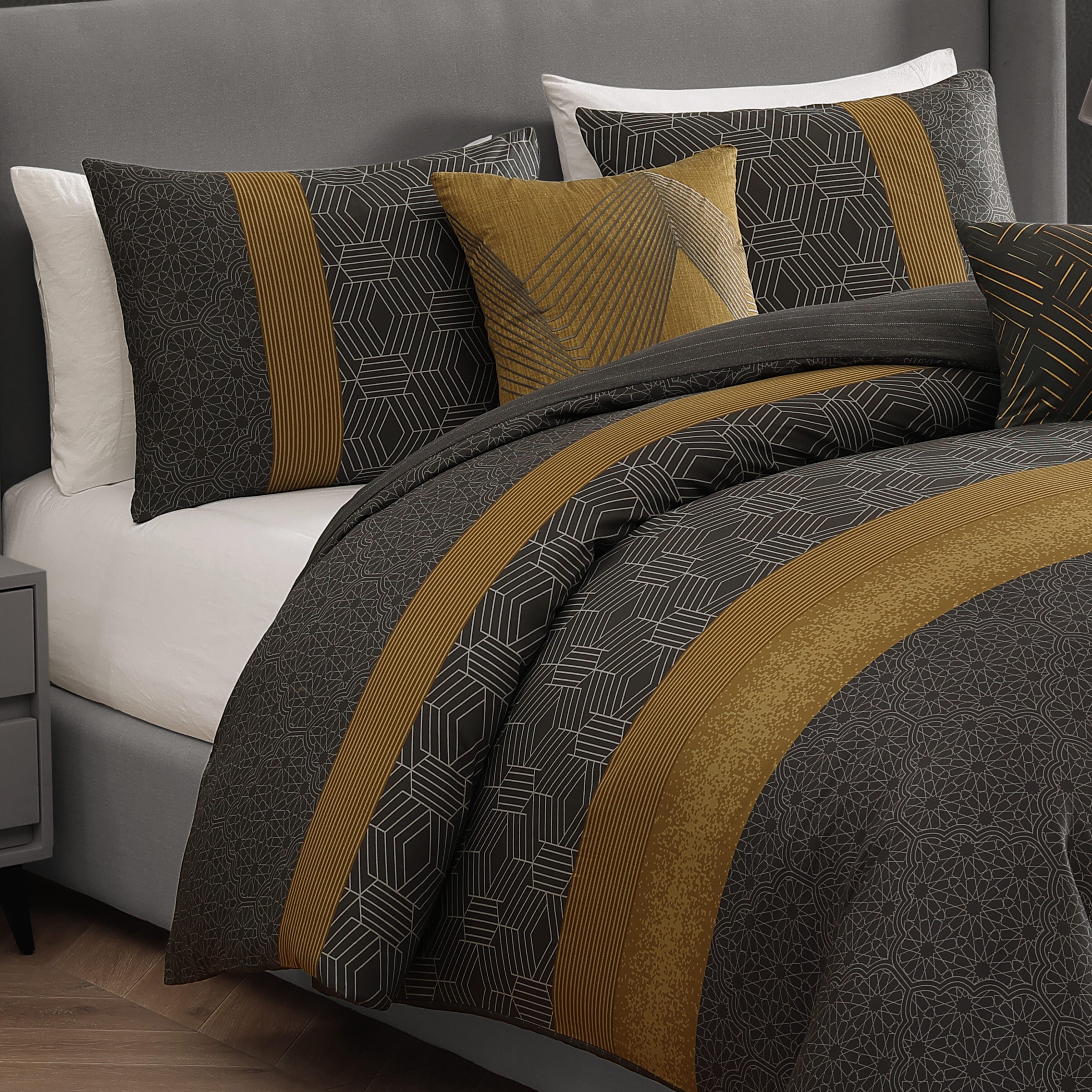 Bebejan Golden Hex 5-Piece King Comforter Set, Gray, large